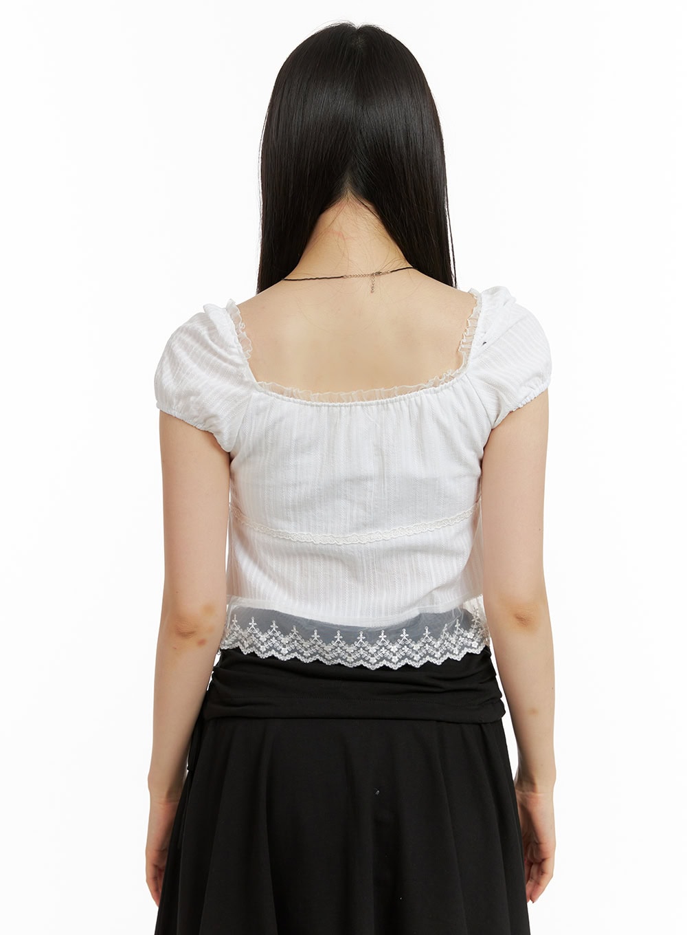 Lace Hem Cotton Ribboned Square Neck Shirt CU425