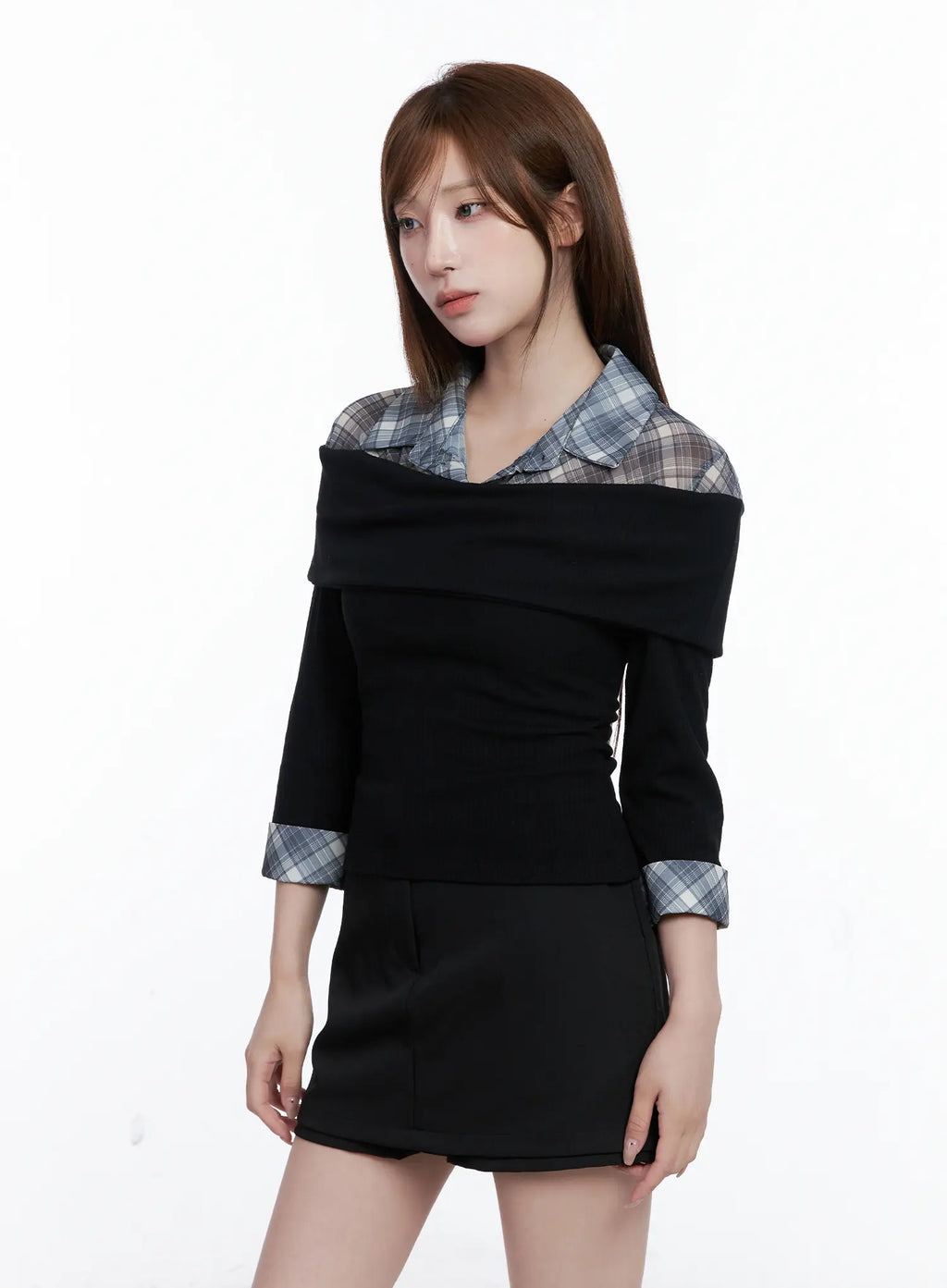 Plaid Collar Layered Long Sleeve Top CG529