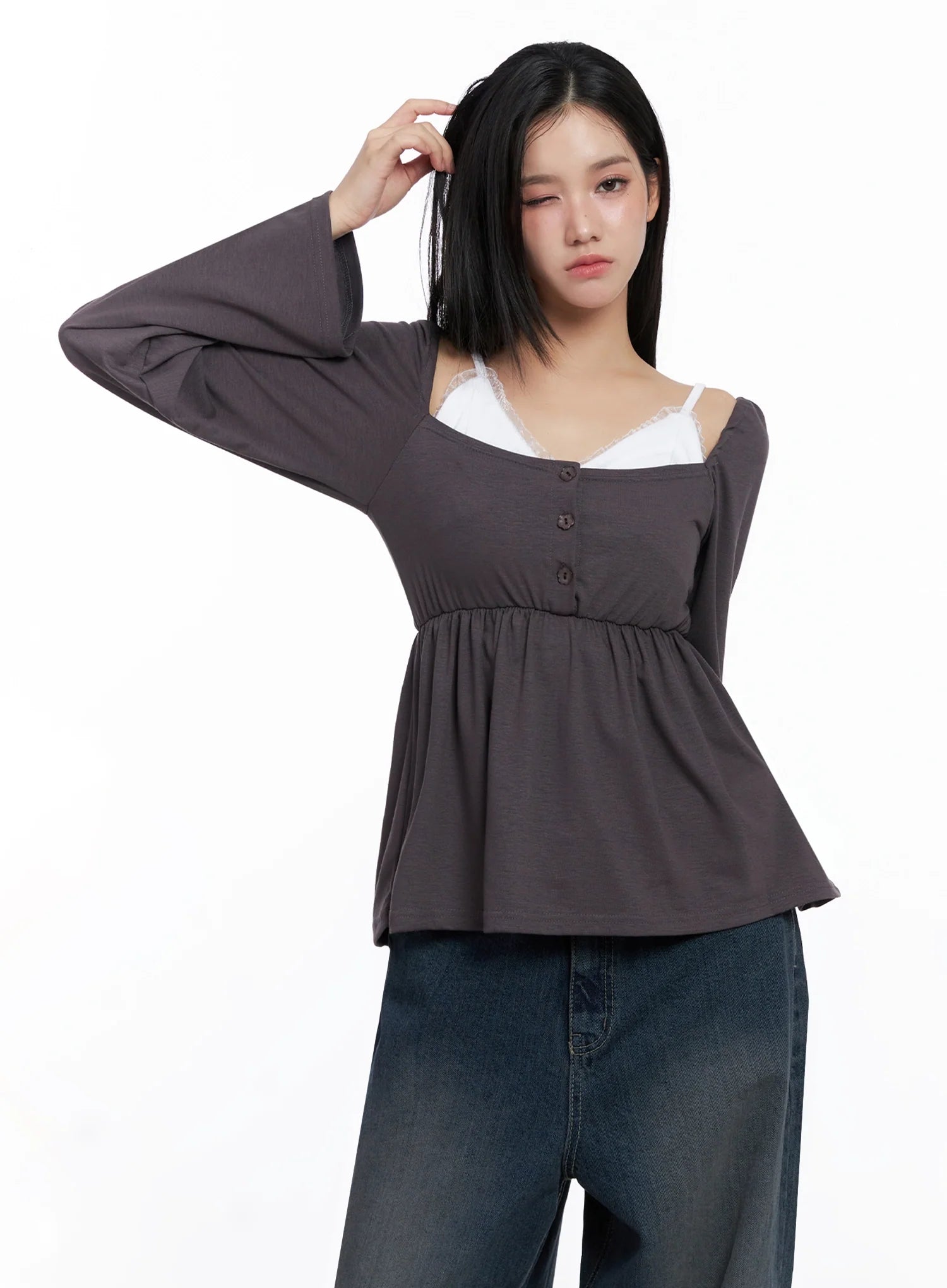 Shirred Flowy Buttoned Long Sleeve IS525