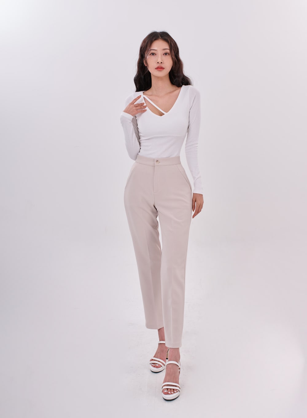 Asymmetric Neck Line Strap Long Sleeve T-Shirt IC15