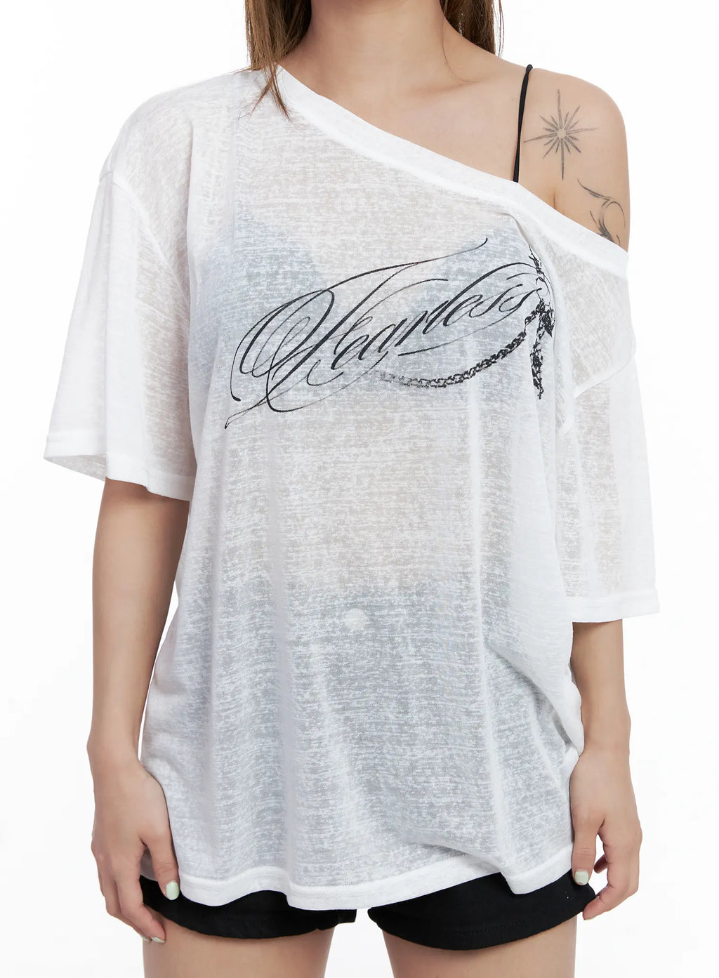 Sheer Graphic Off-Shoulder Tee CL510