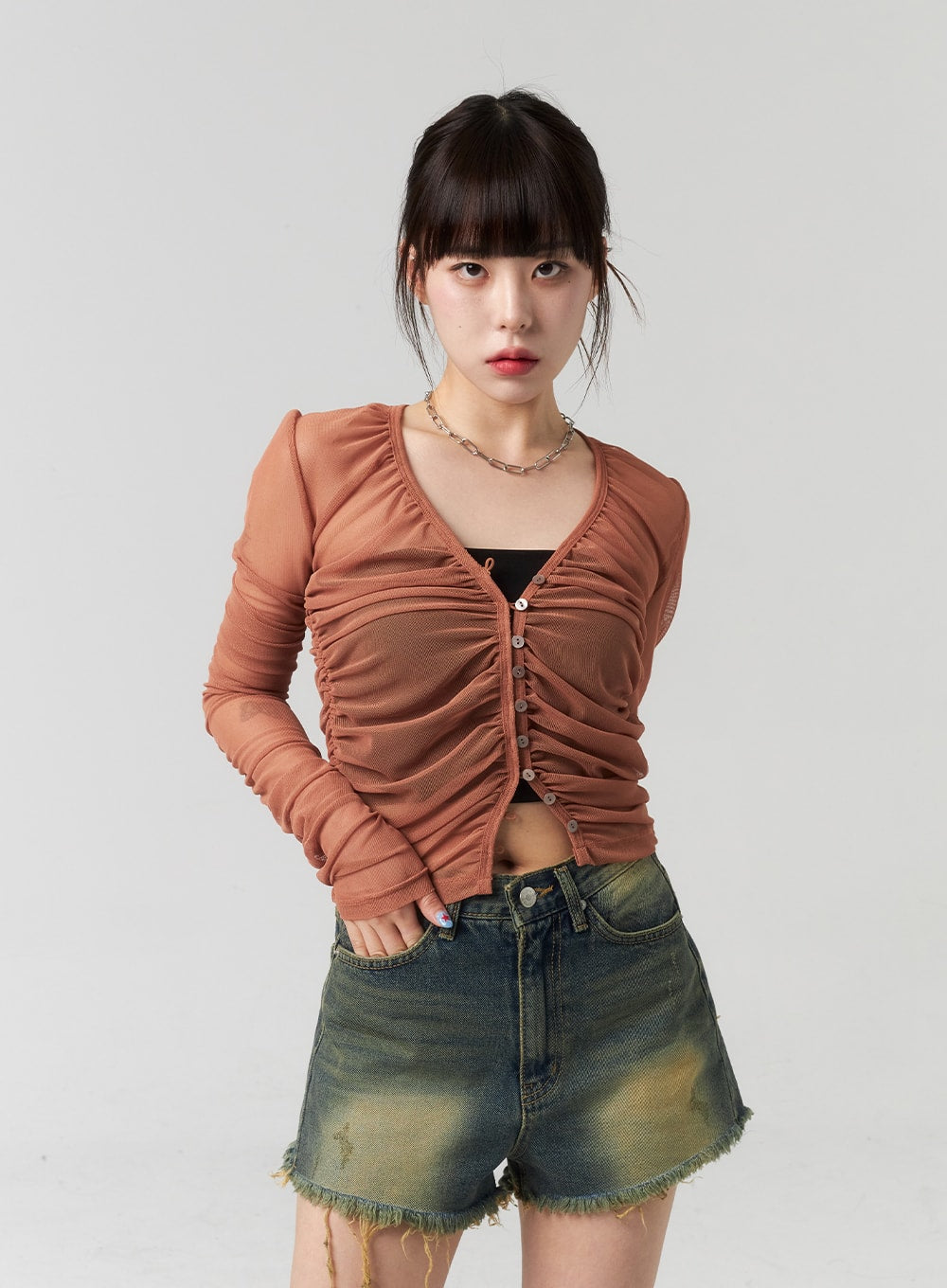 Button Mesh Cardigan CL314