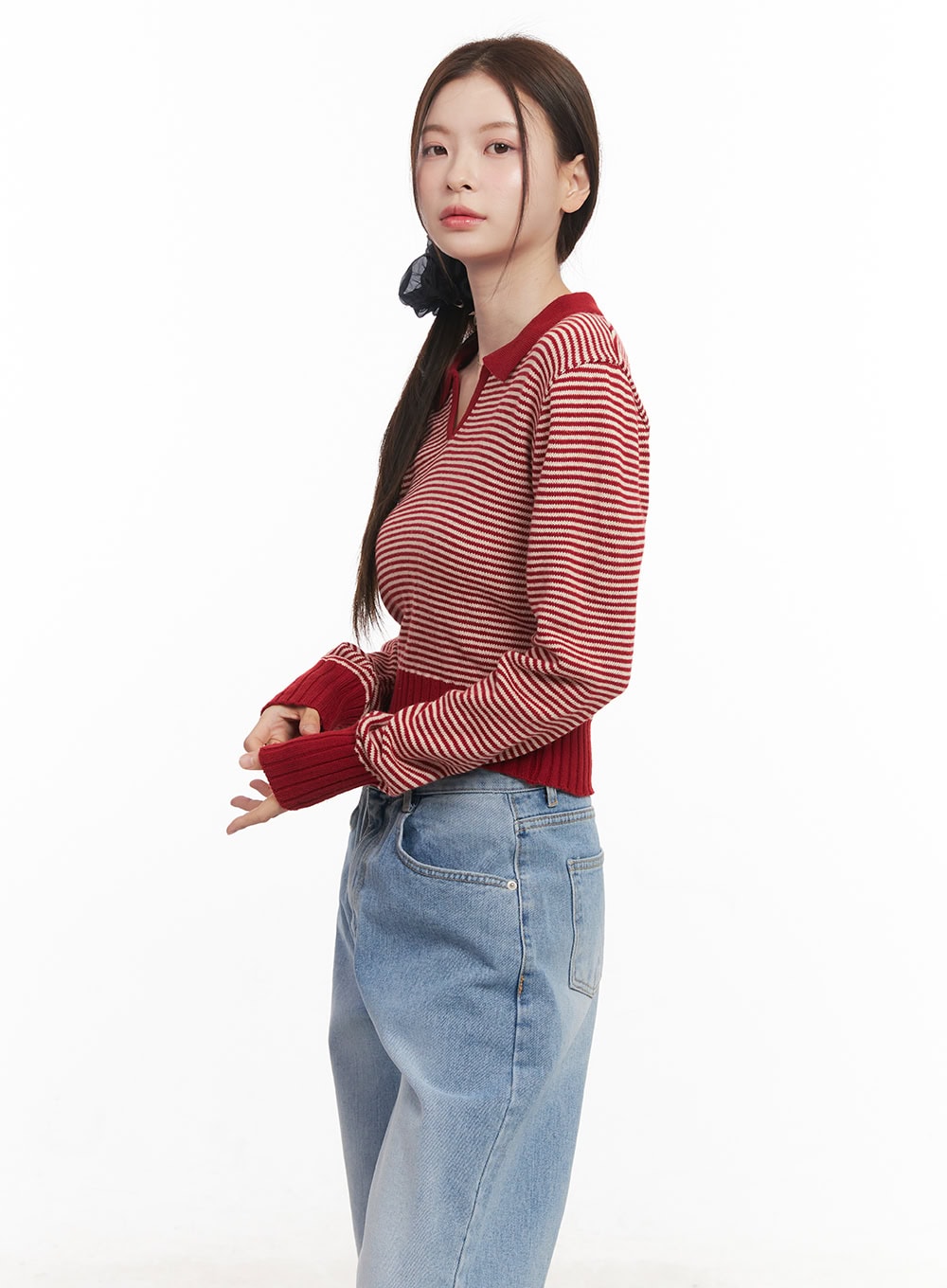 Cashmere-Blend Collared Stripe Crop Sweater CM512
