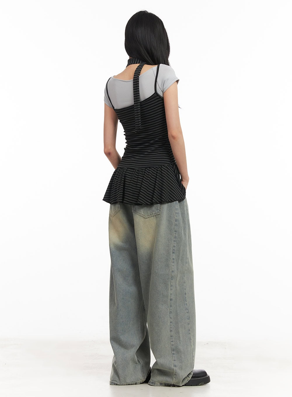 Frilled Stripe Sleeveless Dress & Scarf Set CM504