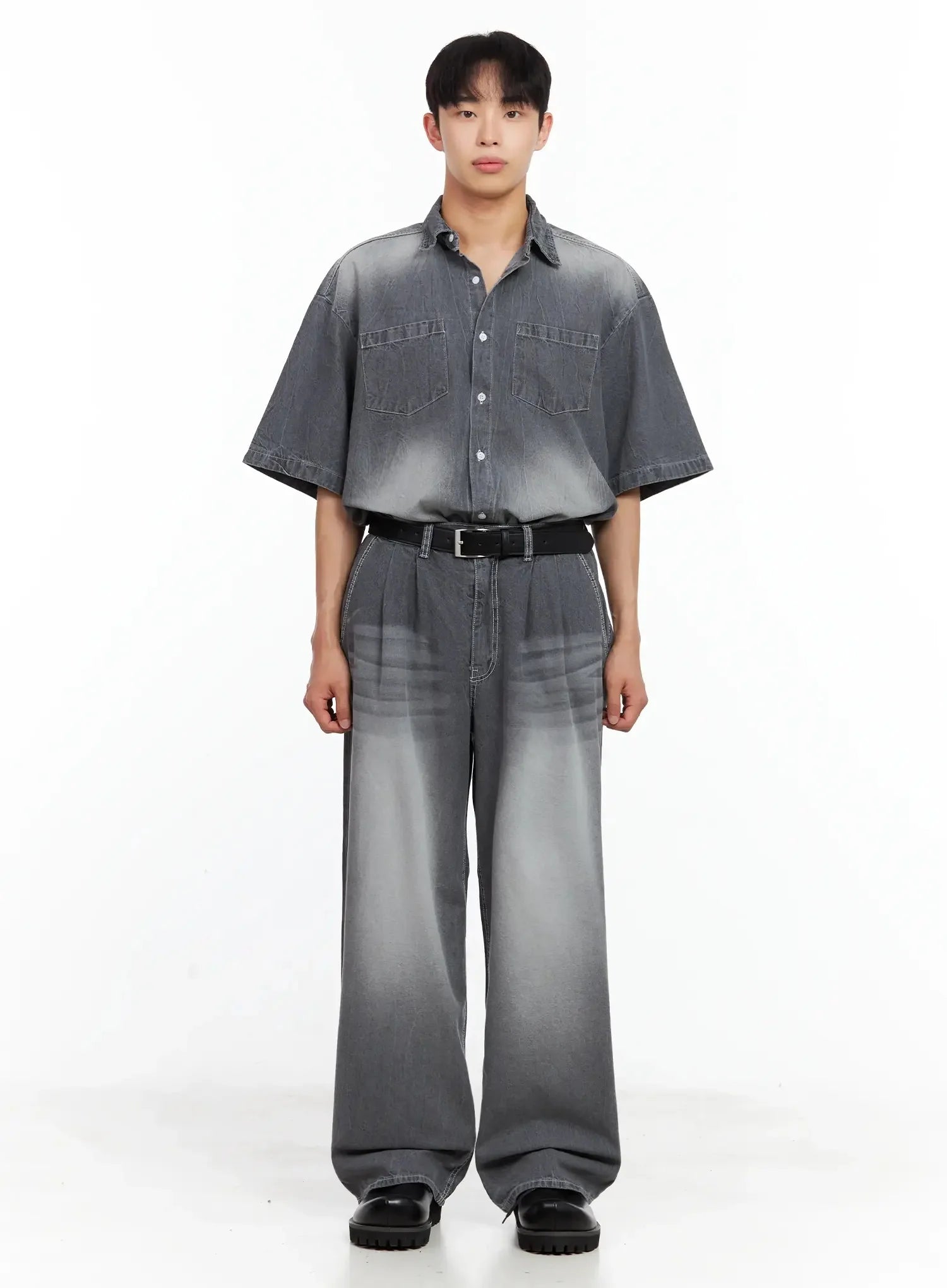 Men's Washed Denim Button-Up Top IL516