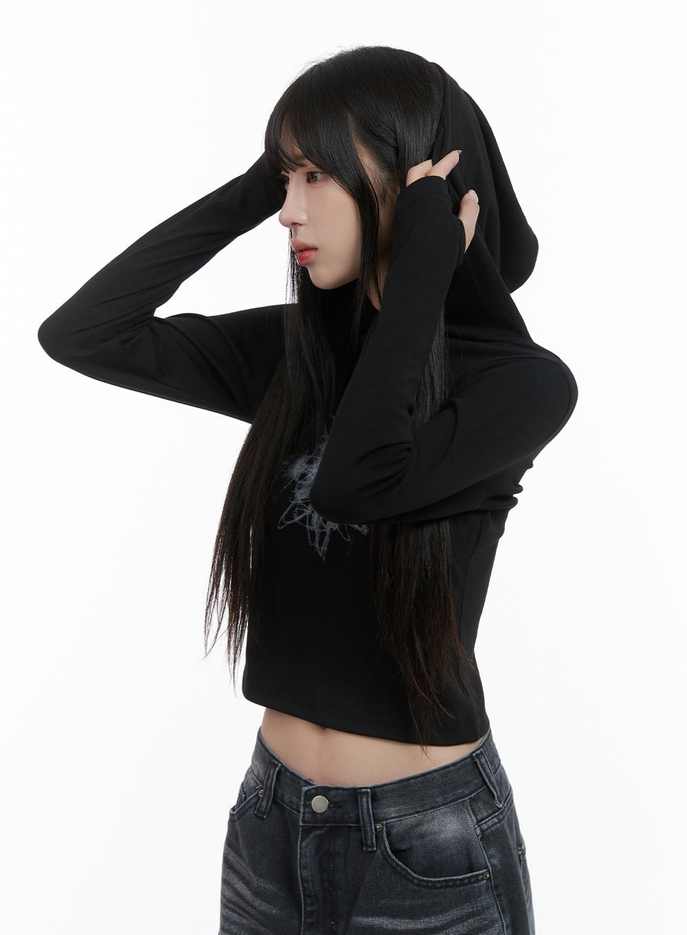 Printed Hand Warmer Long Sleeve Hood Top CS419