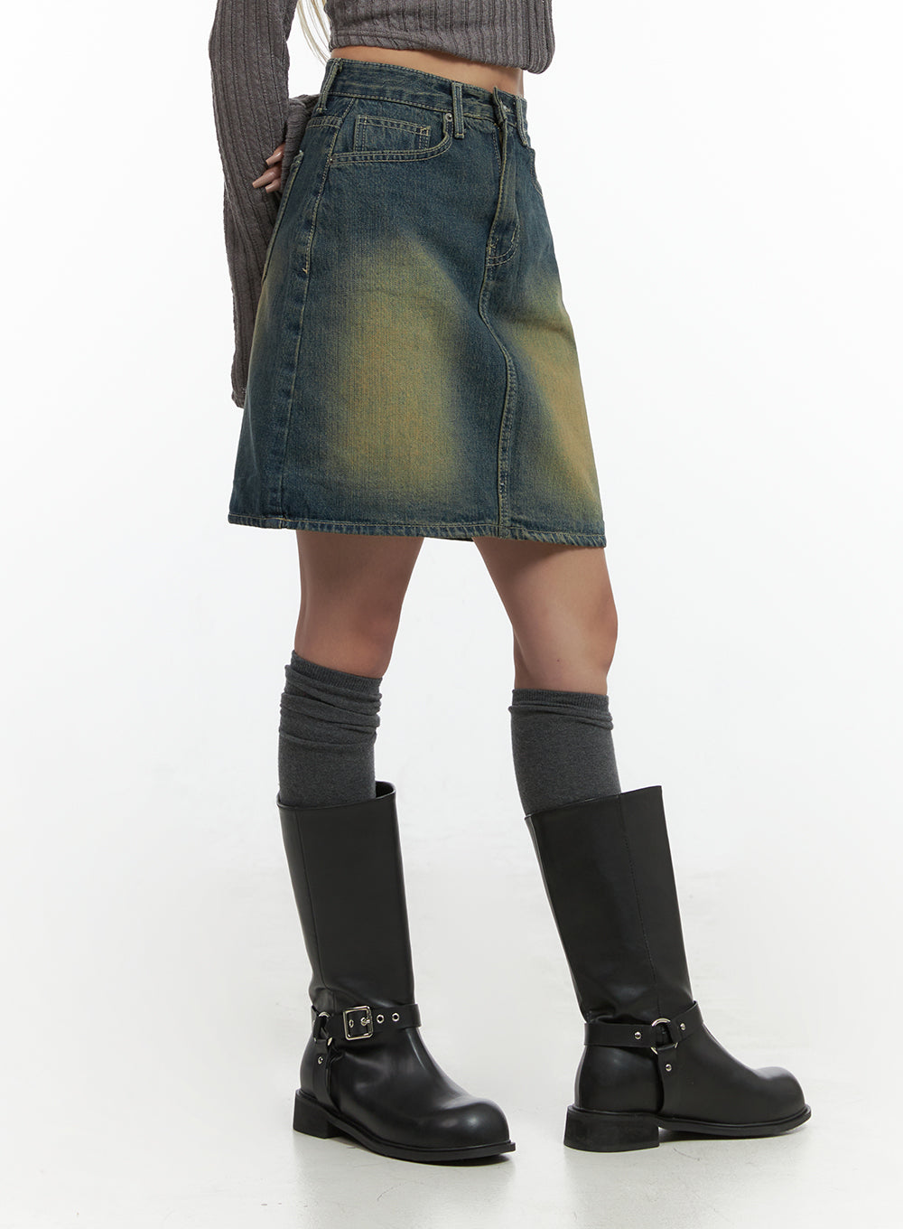 Washed Denim Cotton Midi Skirt CO415