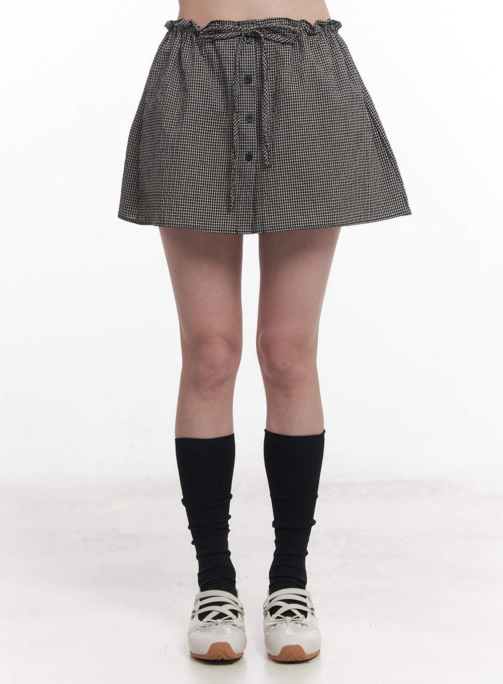Checkered Ribbon Button Mini Skirt IY513