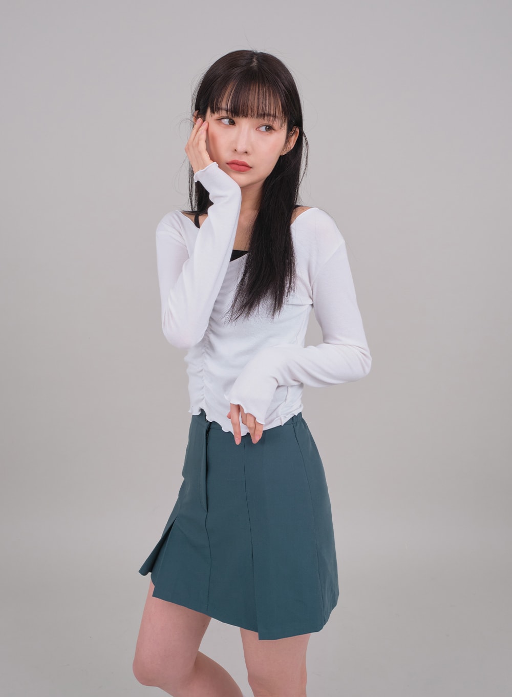 Cropped Long Sleeve Top with Front Shirring C2701