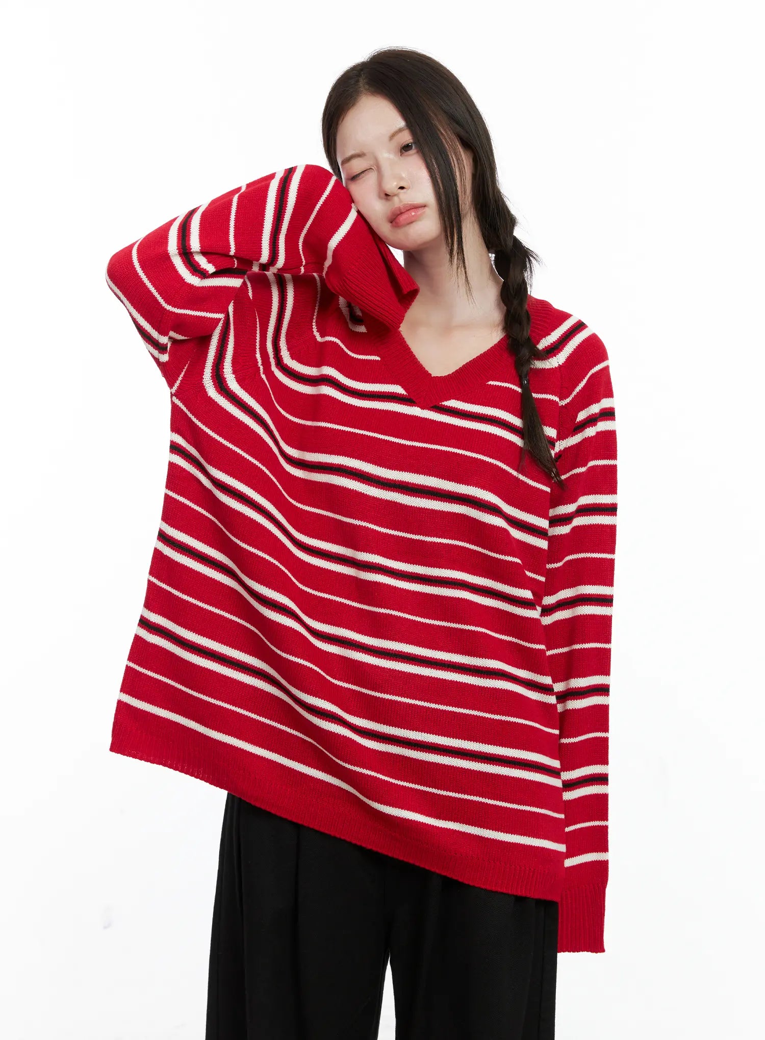 Oversized V-Neck Striped Knit Sweater CO503