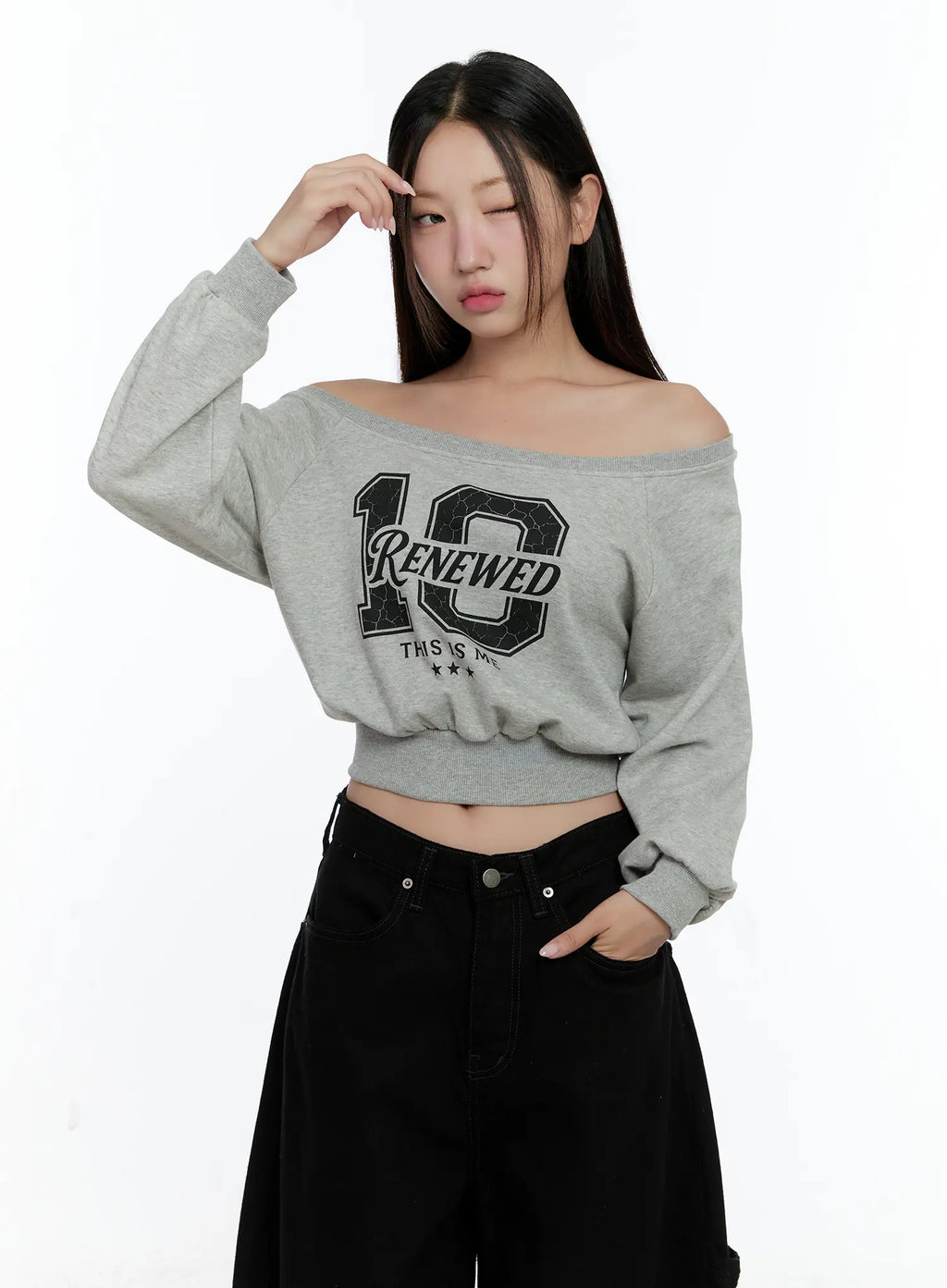 Graphic Off-shoulder Crop Sweatshirt CS517