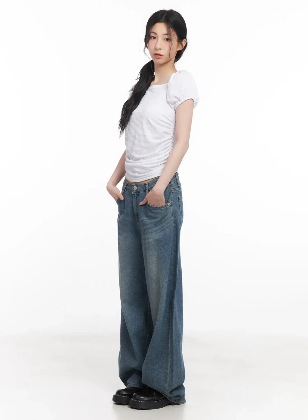 Shirred Puff-Sleeve Crop Top CU511