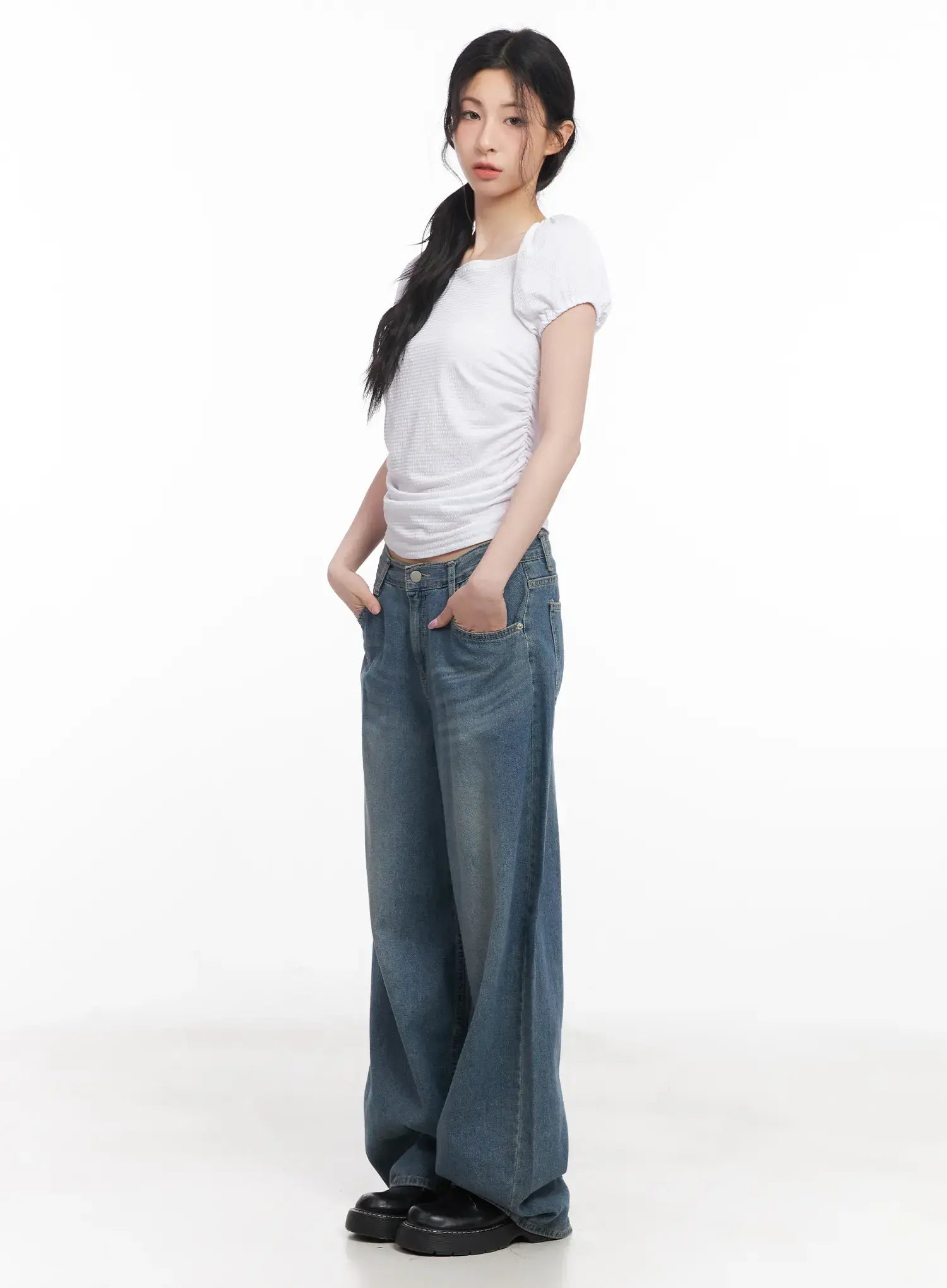 Shirred Puff-Sleeve Crop Top CU511