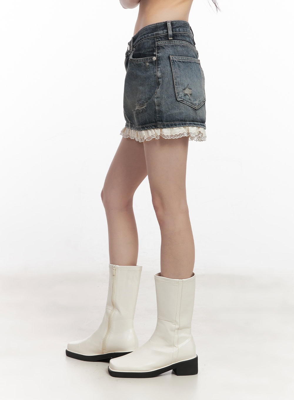 Lace-Trim Distressed Denim Mini Skirt CY521