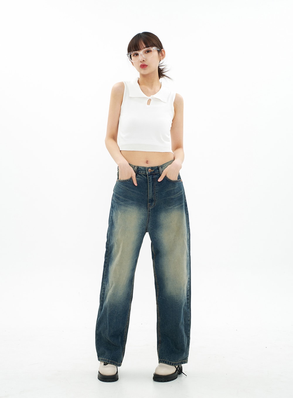 Bleached Wide Leg Denim Pants CA07