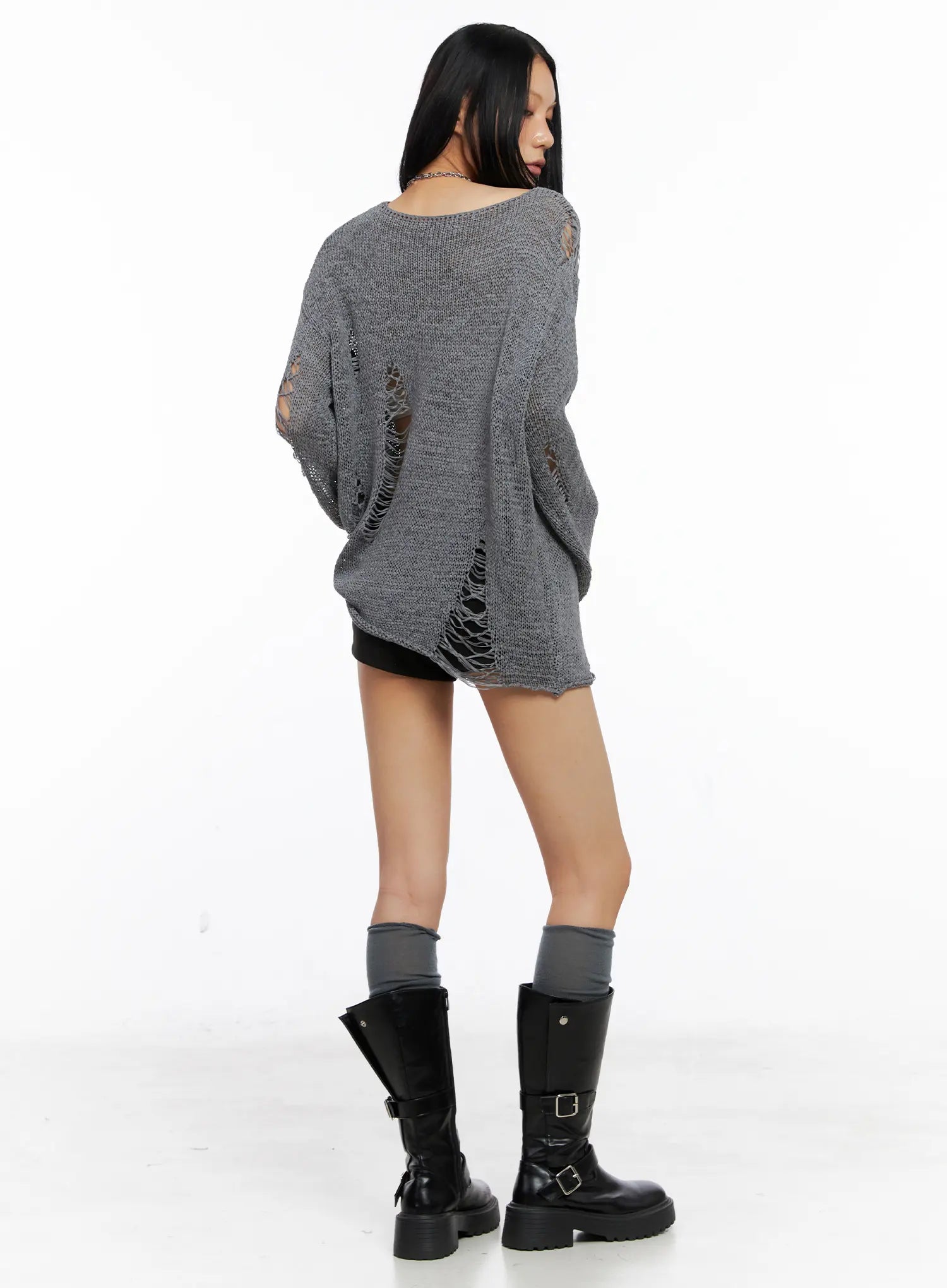 Loose Fit Distressed Knit Sweater CS511