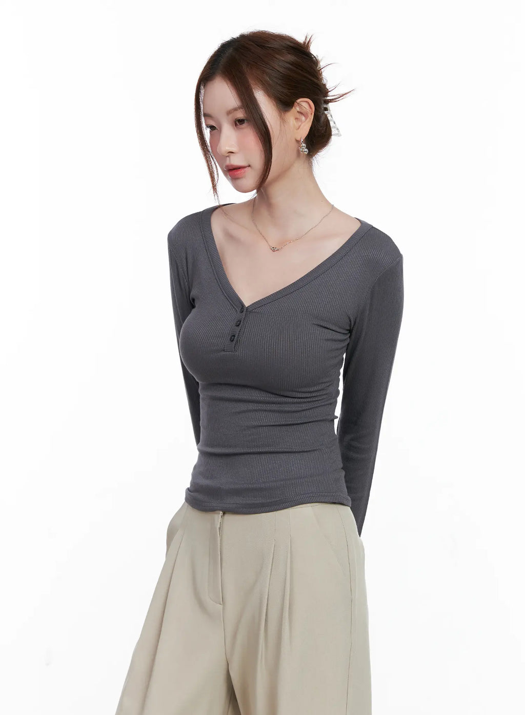 Slim-Fit Henley Neck Long Sleeve Top CG521