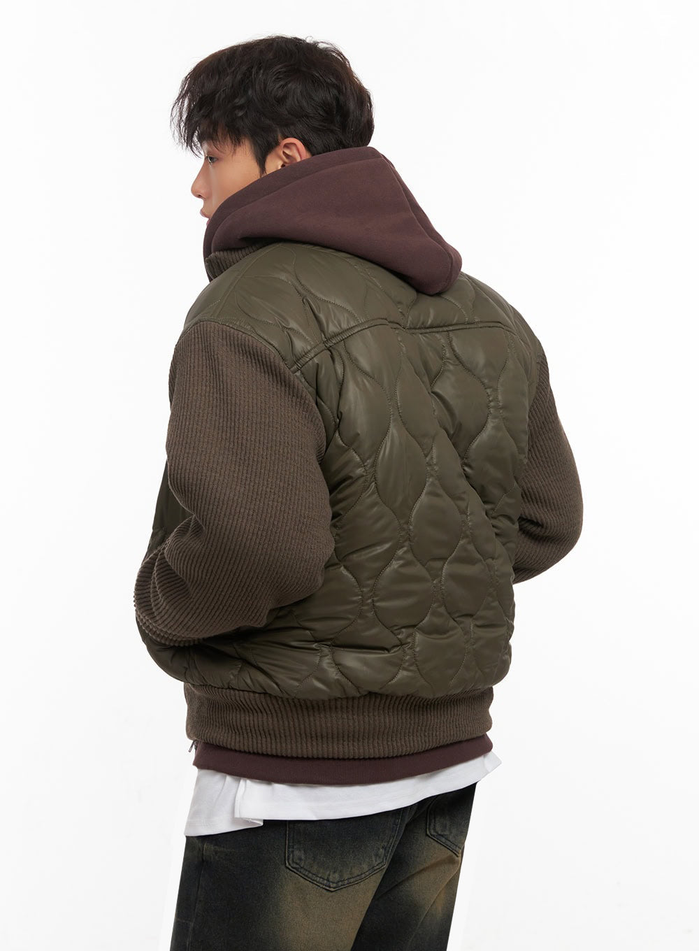 Men's Knit-Sleeve Quilted Bomber Jacket ID427