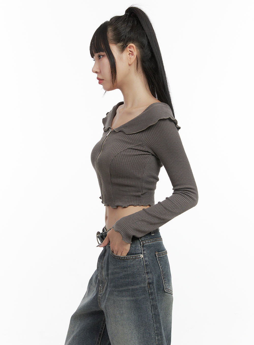 Zipper Off-Shoulder Ribbed Top OO401