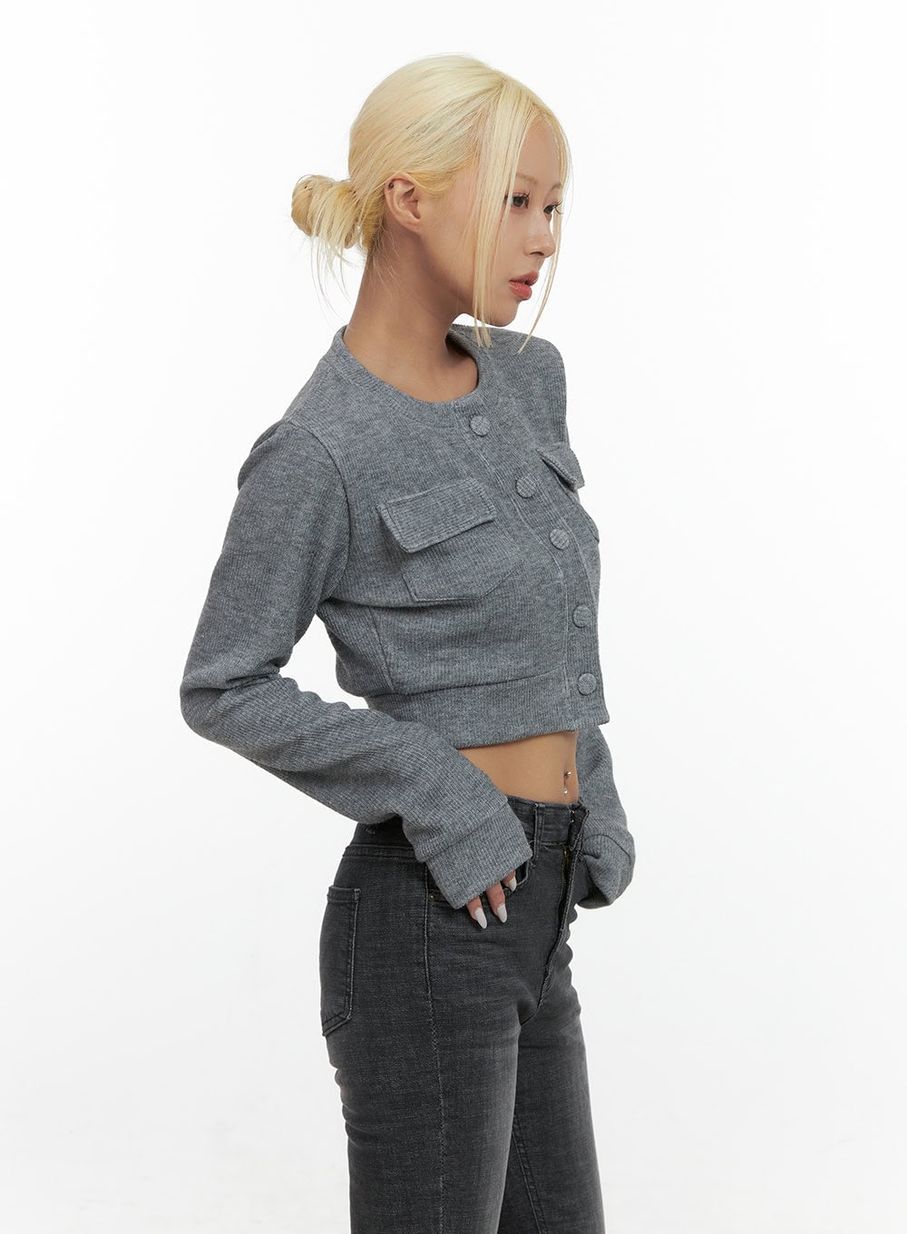 Classic Fit Button Pocket Crop Cardigan CS426