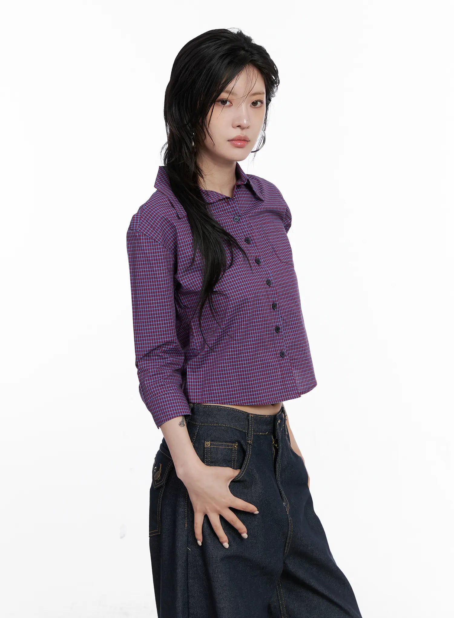Cropped Plaid Button Up Shirt CS512