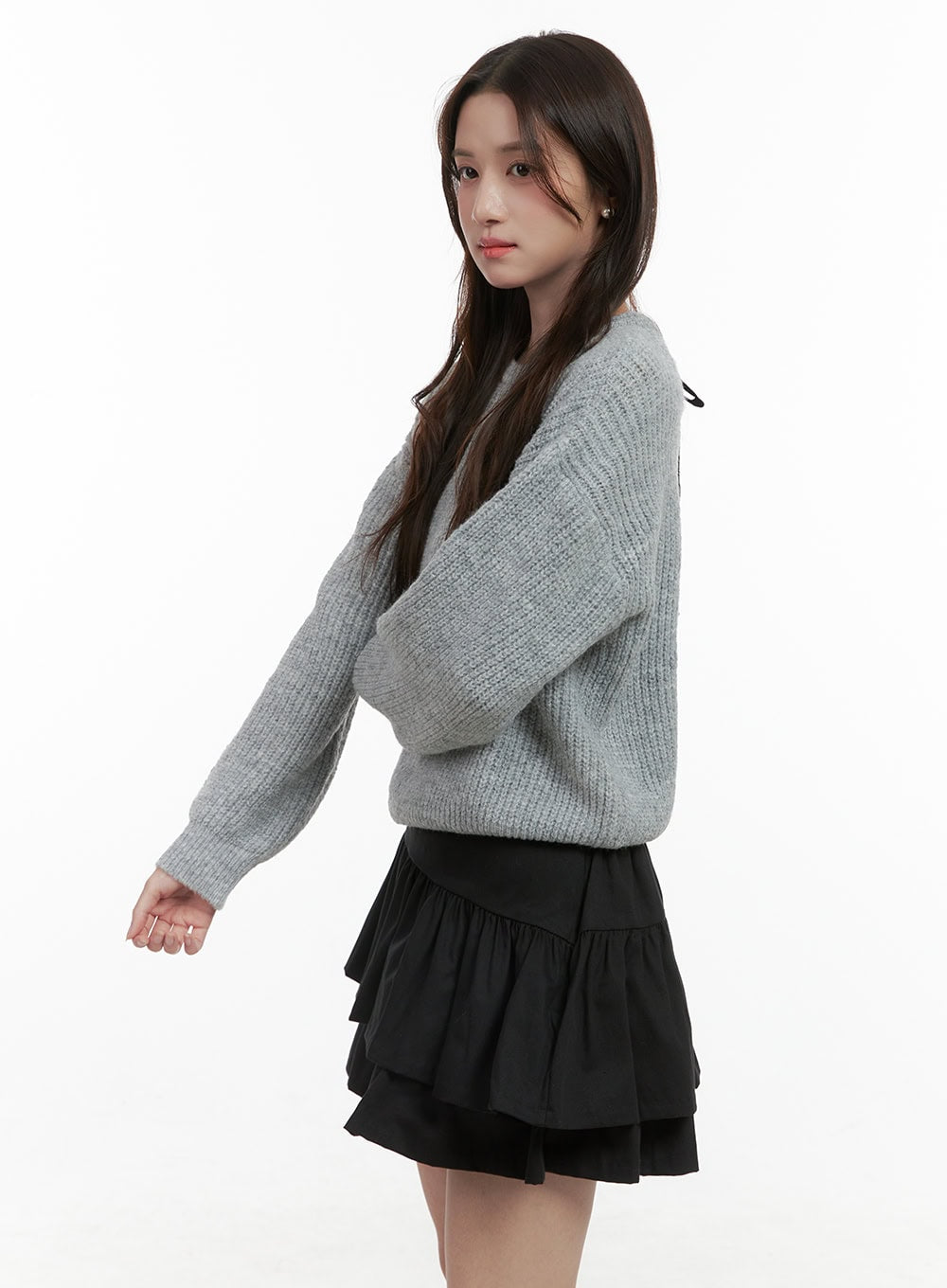 Cut Out Ribbon Trim Long Sleeve Top OS416