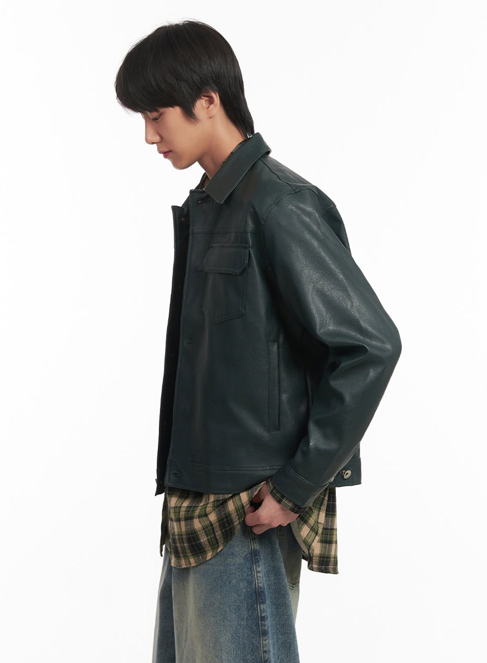 Men's Faux-Leather Collared Trucker Jacket IA511