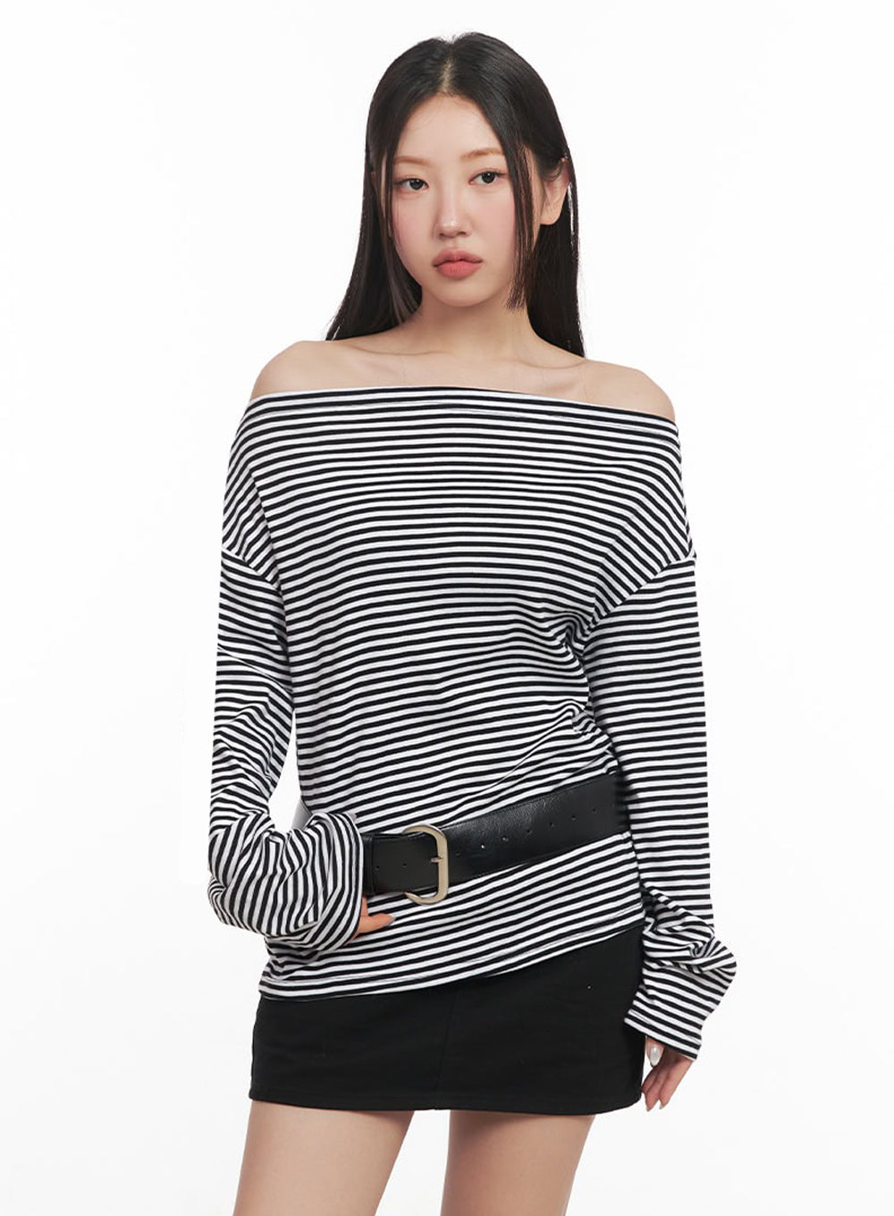 Stripe Long-Sleeve Off-Shoulder Top IM524
