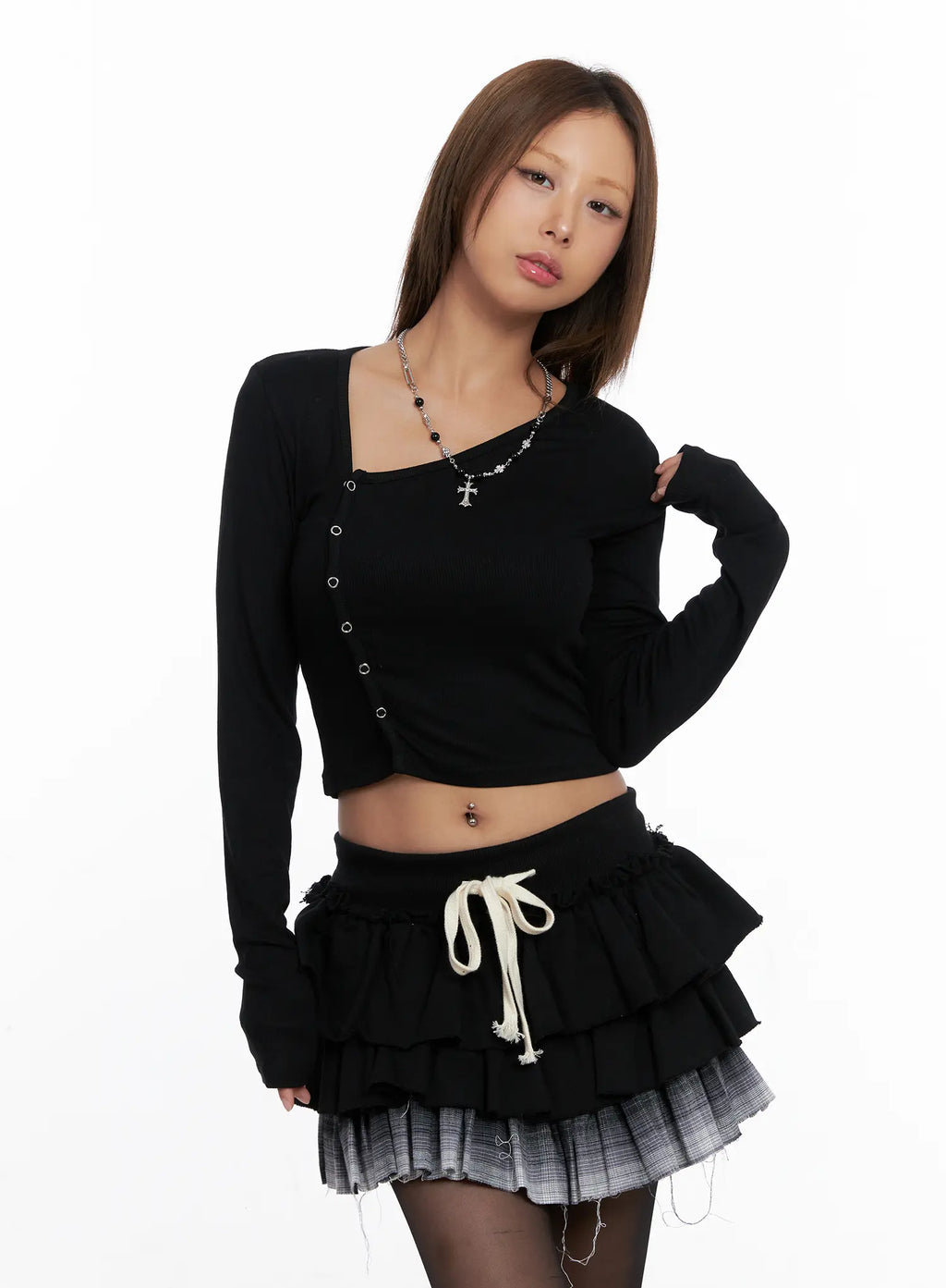 Asymmetric Button Ribbed Crop Top CS524