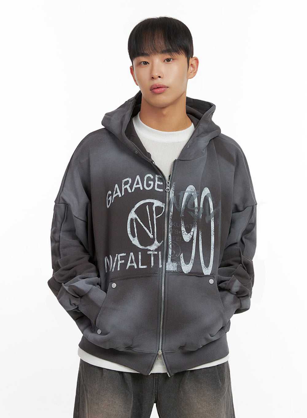 Men's Paint Washed Graphic Zip-Up Hoodie IO420
