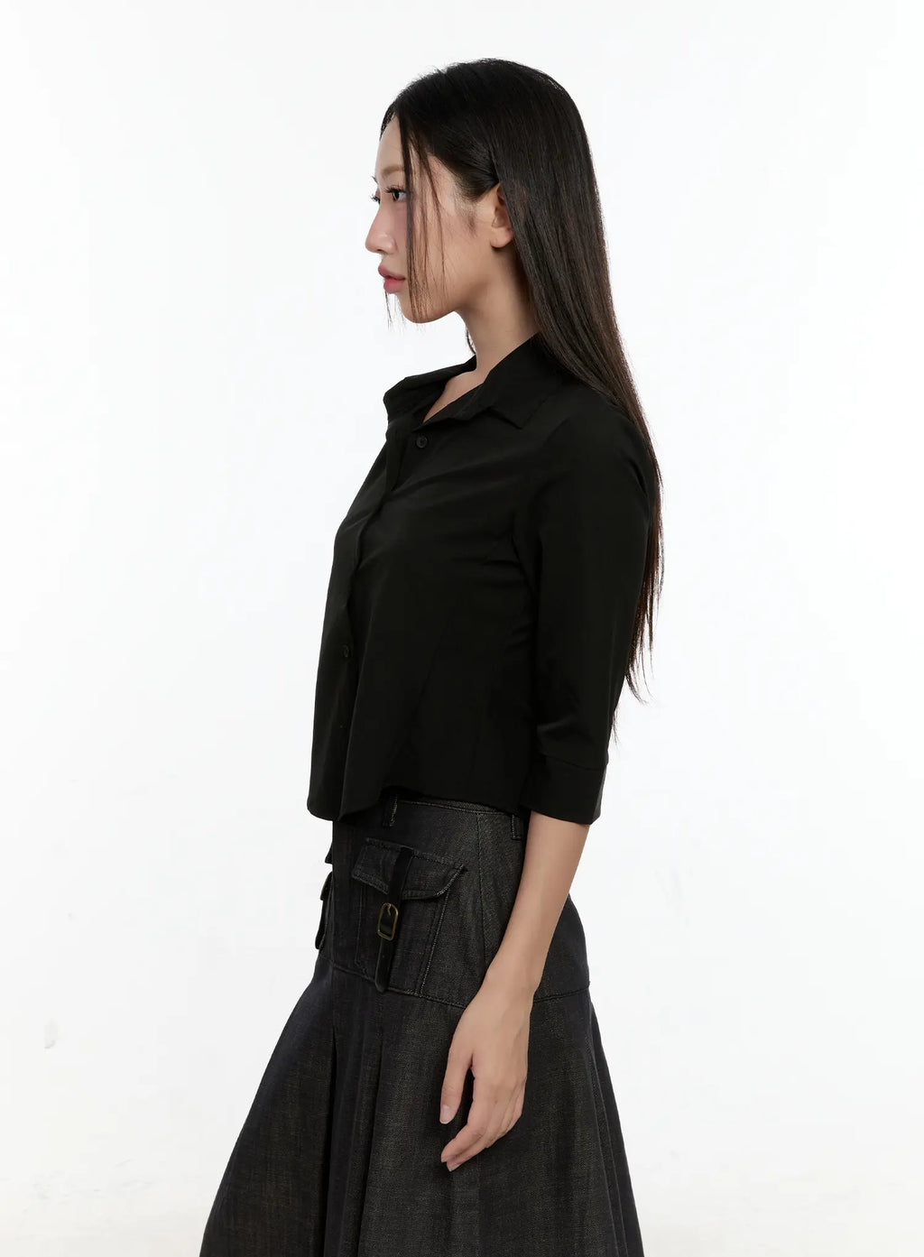 Chic Black Buttoned Half Sleeve Top CL531