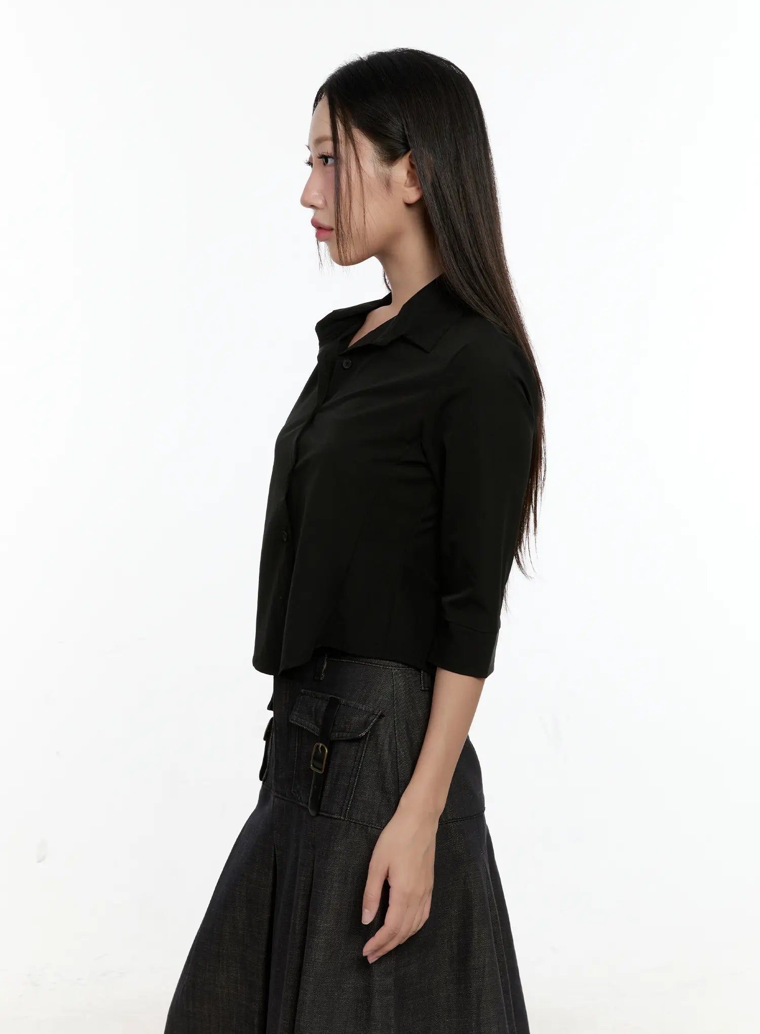 Chic Black Buttoned Half Sleeve Top CL531