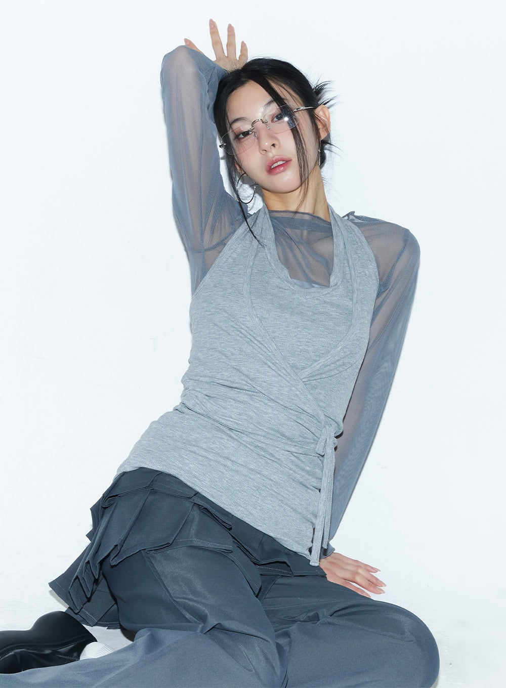 Sheer Shirring Ribbon Long-Sleeve Top CM503