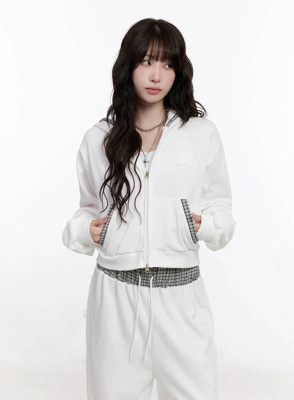 Plaid Trim Crop Zip-Up Hoodie CS530