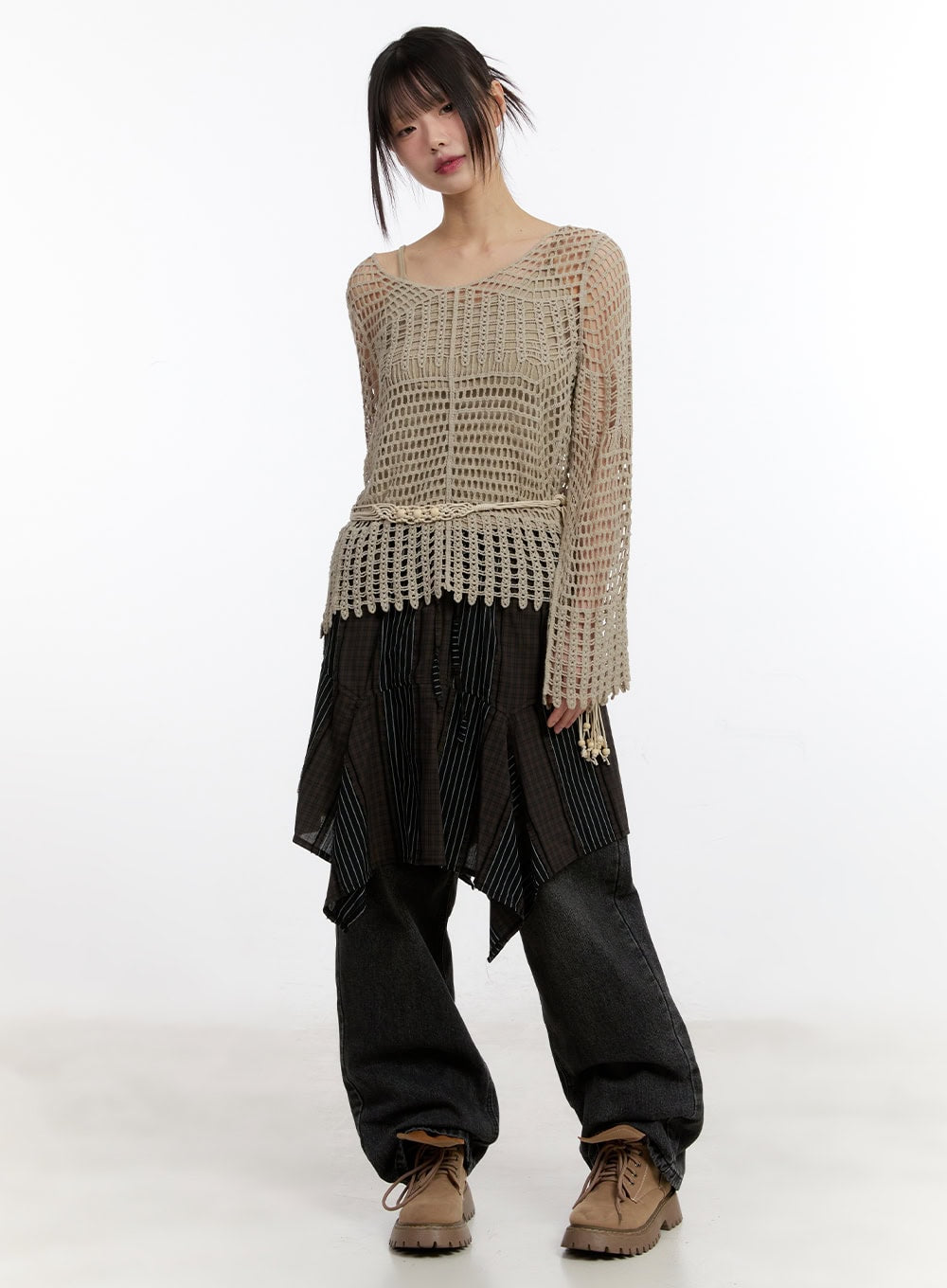 Mesh Knit Sweater with Belt and Tank Top CA508
