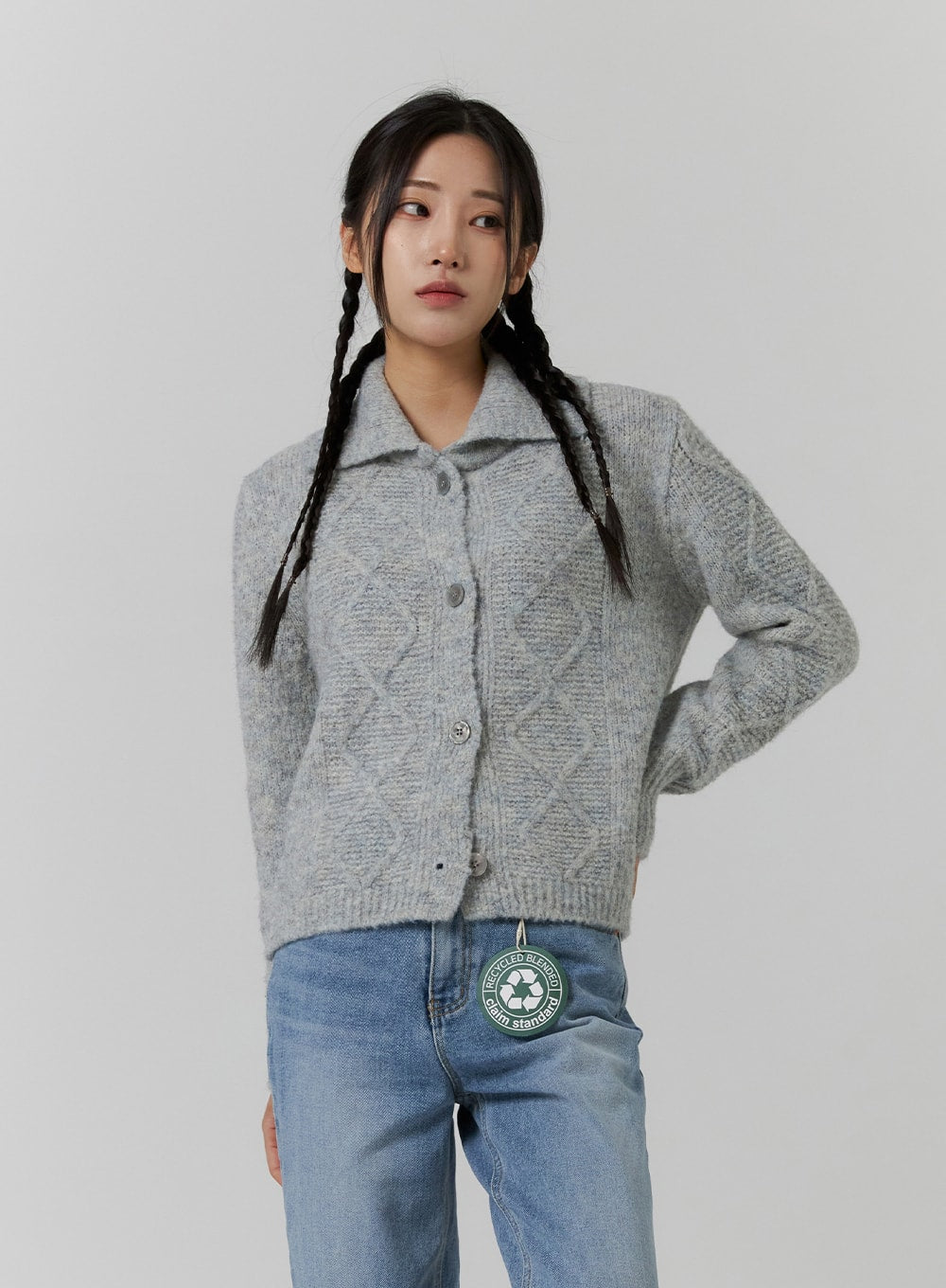 Recycled Polyester Collared Cable Knit Cardigan CD314