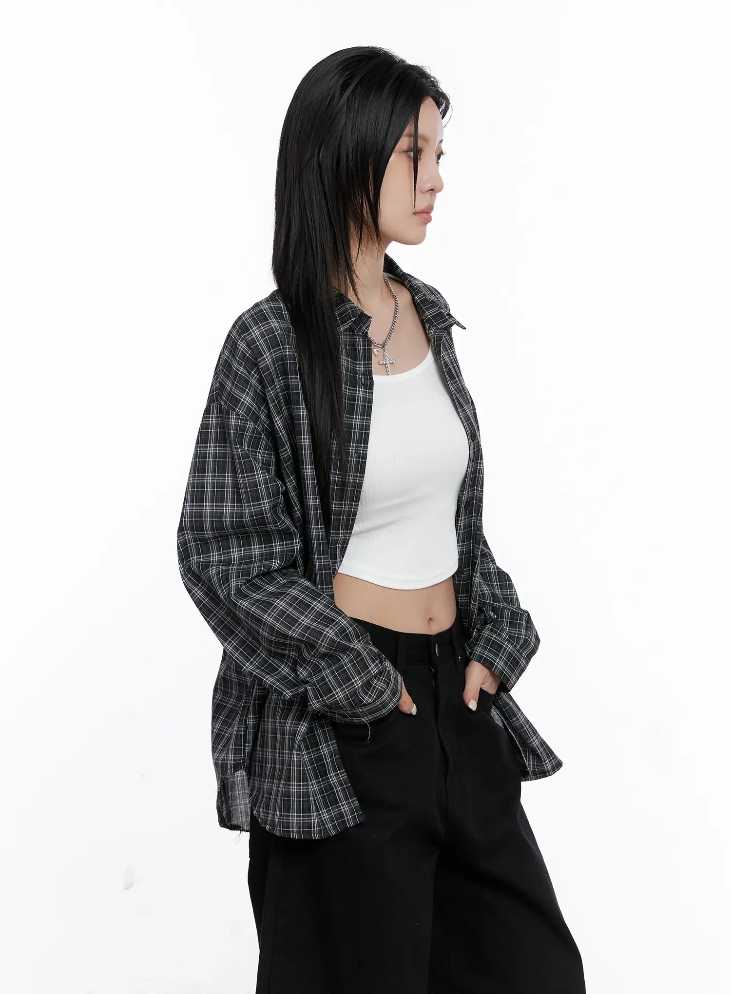 Oversized Plaid Button Up Shirt CS512