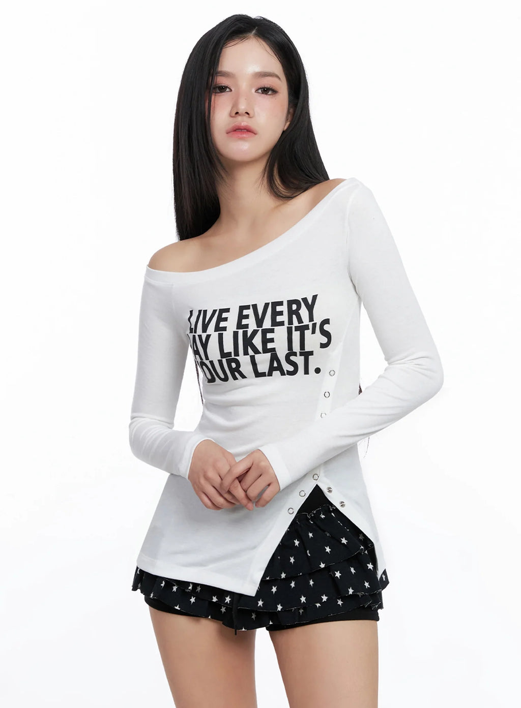 Off-Shoulder Graphic Long Sleeve Tee IS525