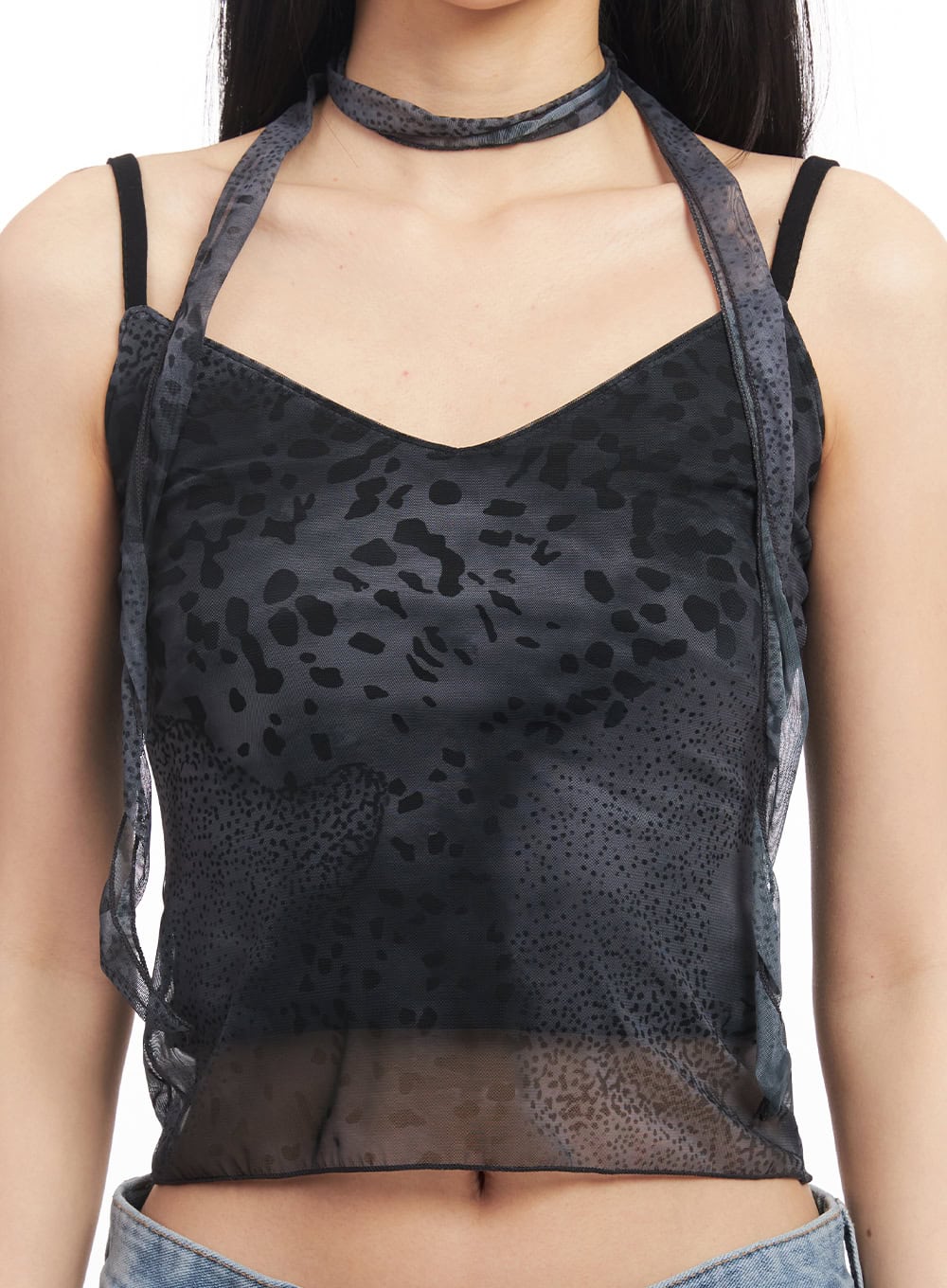 Leopard Mesh Crop Cami Top with Scarf CA516