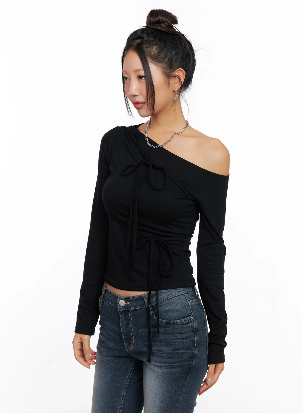 Ribbon One-Shoulder Long Sleeve Top CO514