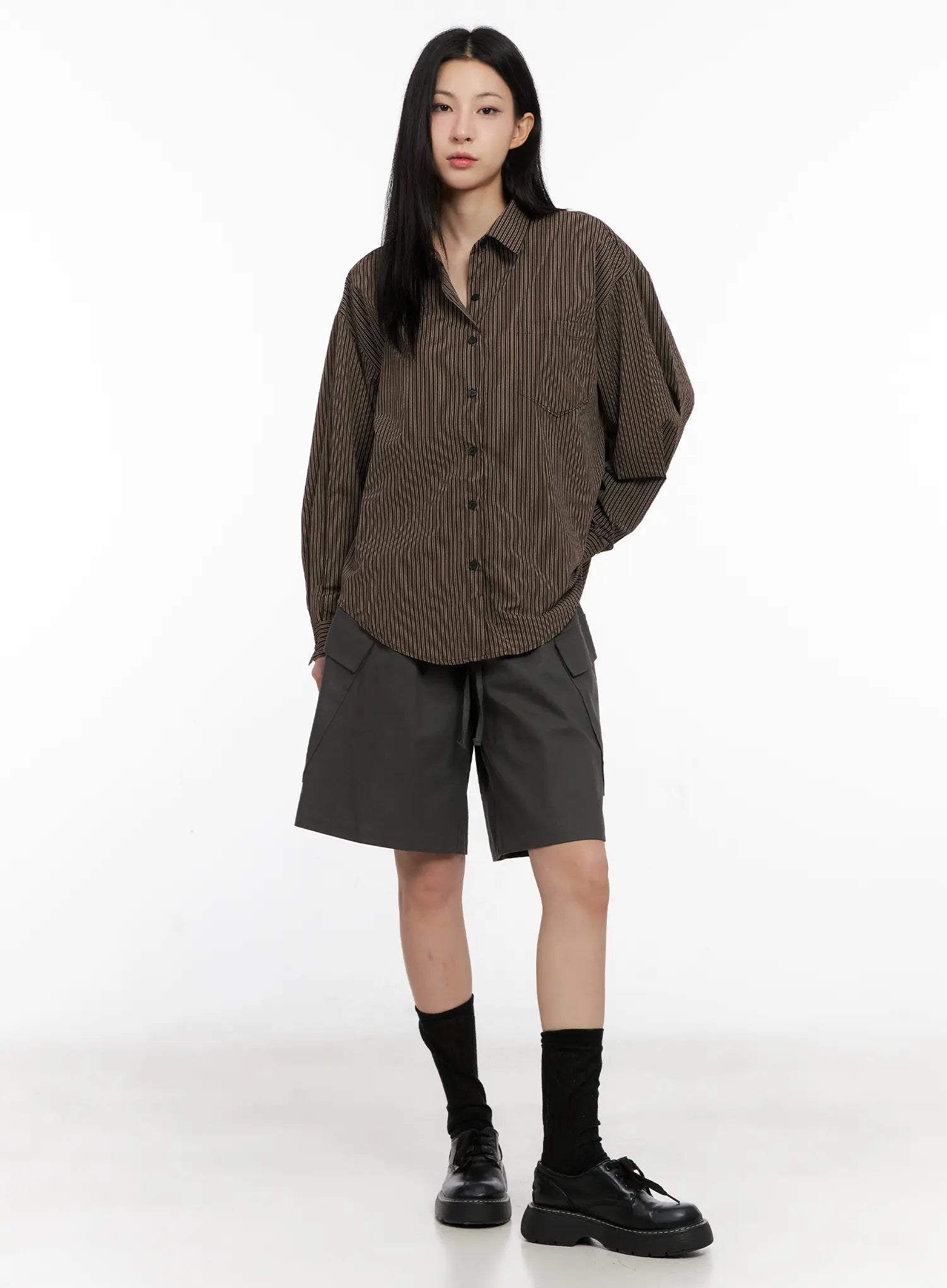 Relaxed Fit Striped Button-Up Long Sleeve Shirt CG526