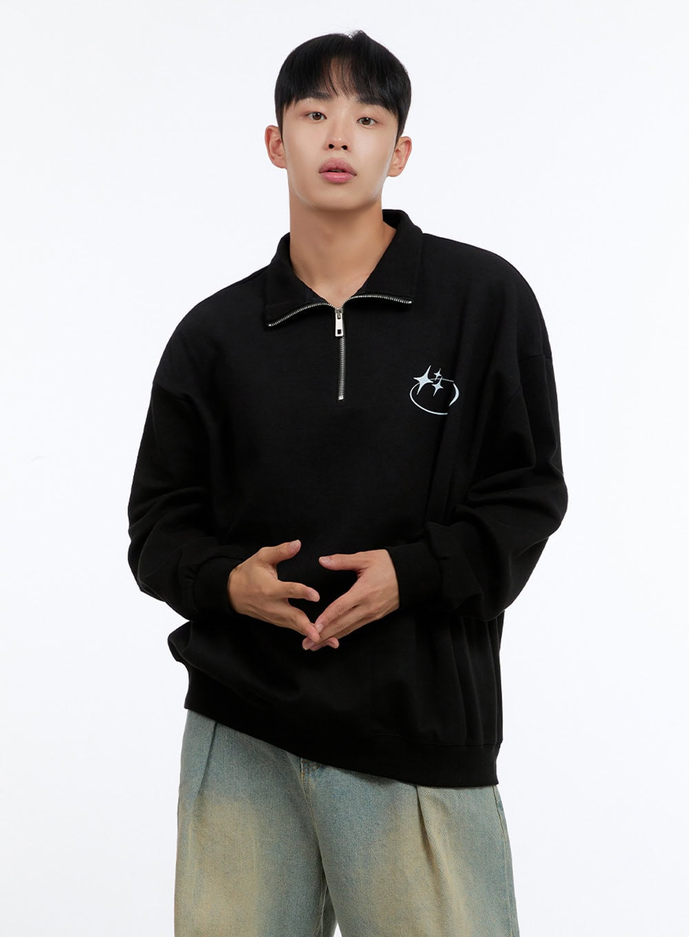 Men's Classic Cotton Half-Zip Graphic Hoodie (Black) IS413