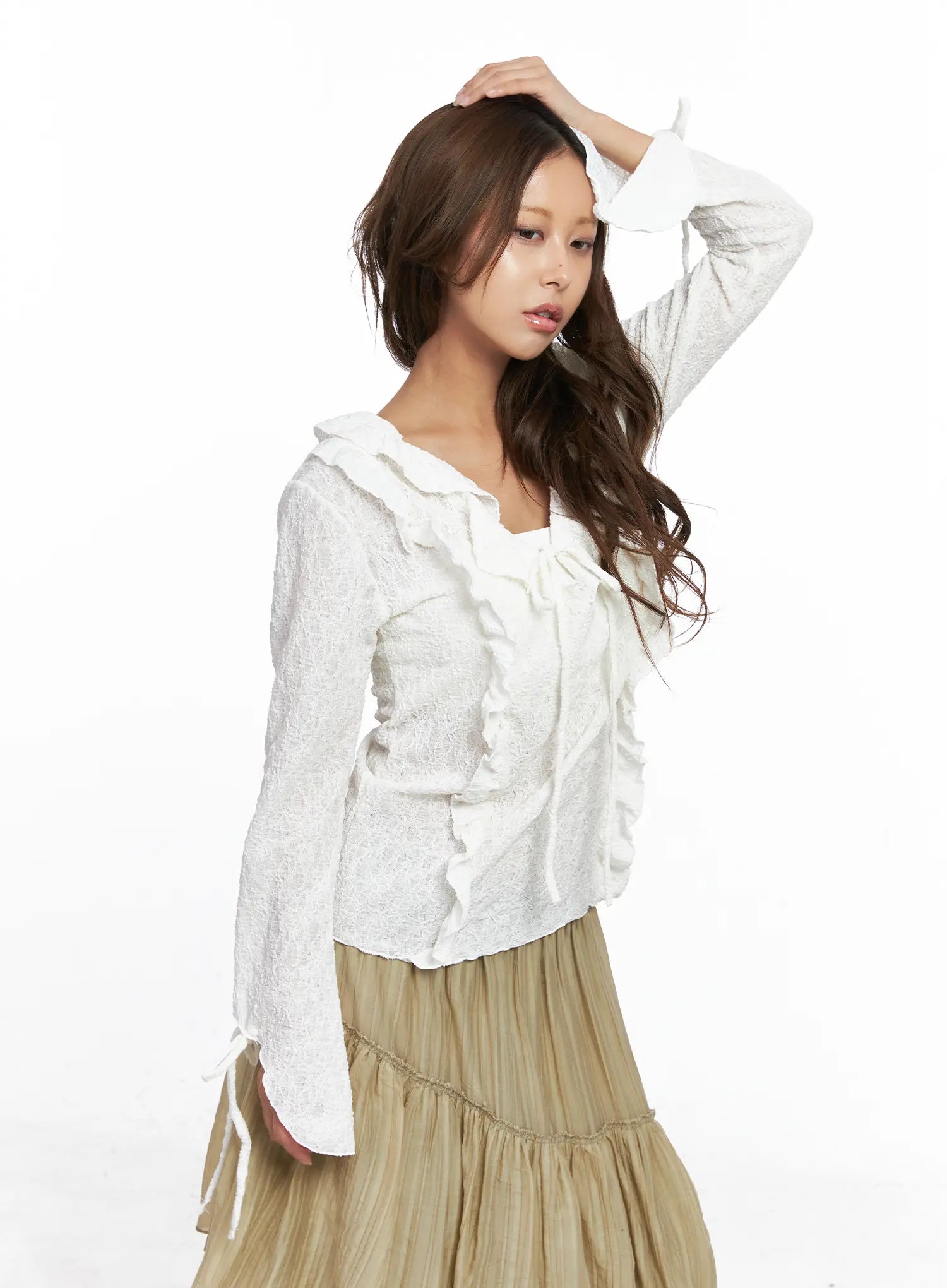 Lace Ruffled Ribbon Long Sleeve Blouse CO513