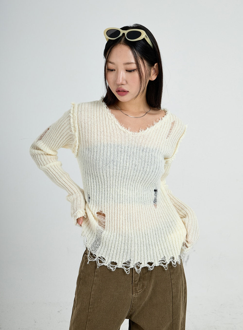 Ripped V-Neck Knit Top CO13