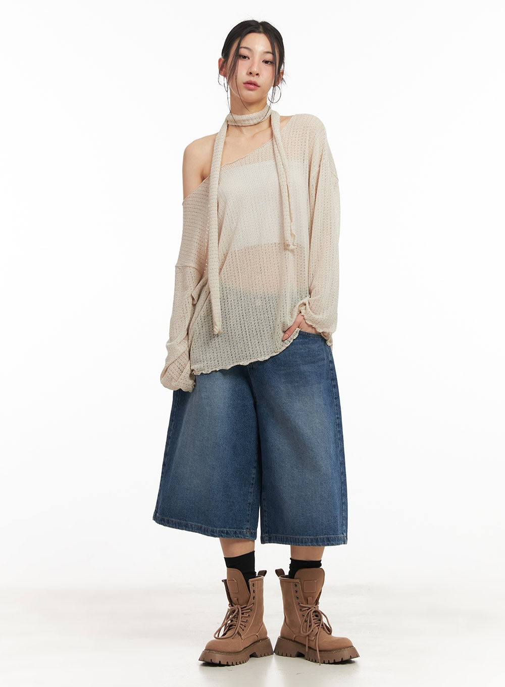 Sheer Off-Shoulder Top with Scarf Set CM503
