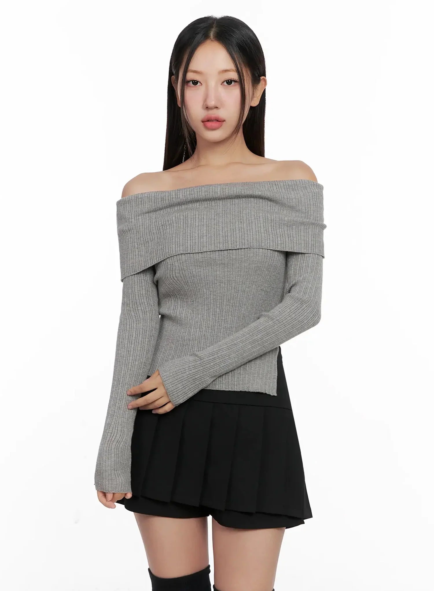 Ribbed Folded Off-Shoulder Top IG527