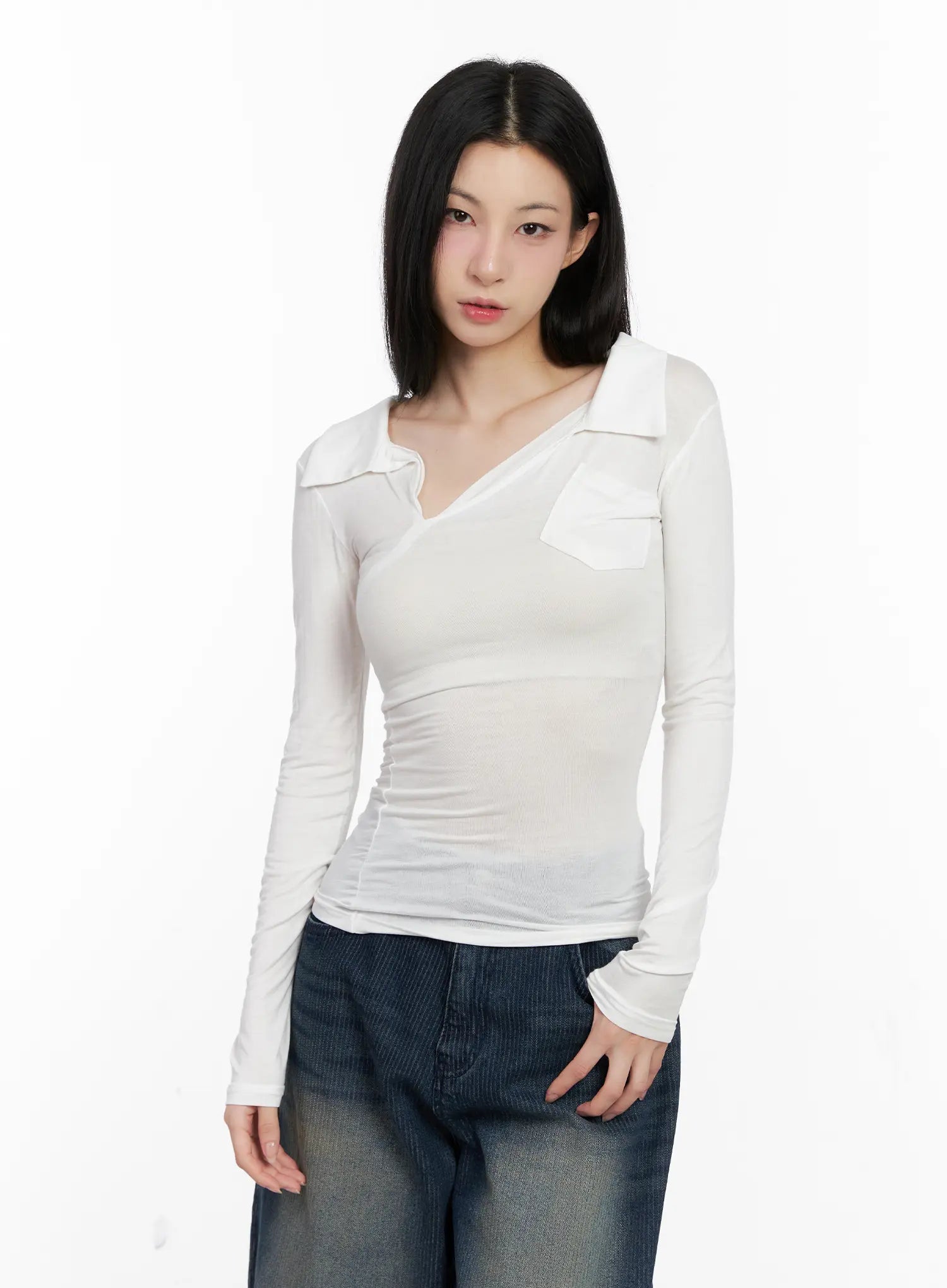 Asymmetrical Collar Slim Fit Long Sleeve Top CG526