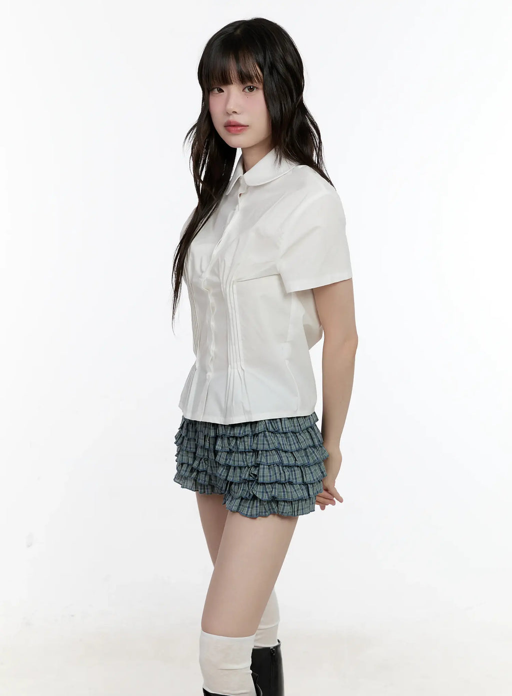 Collared Pintuck Button-Up Top CL504