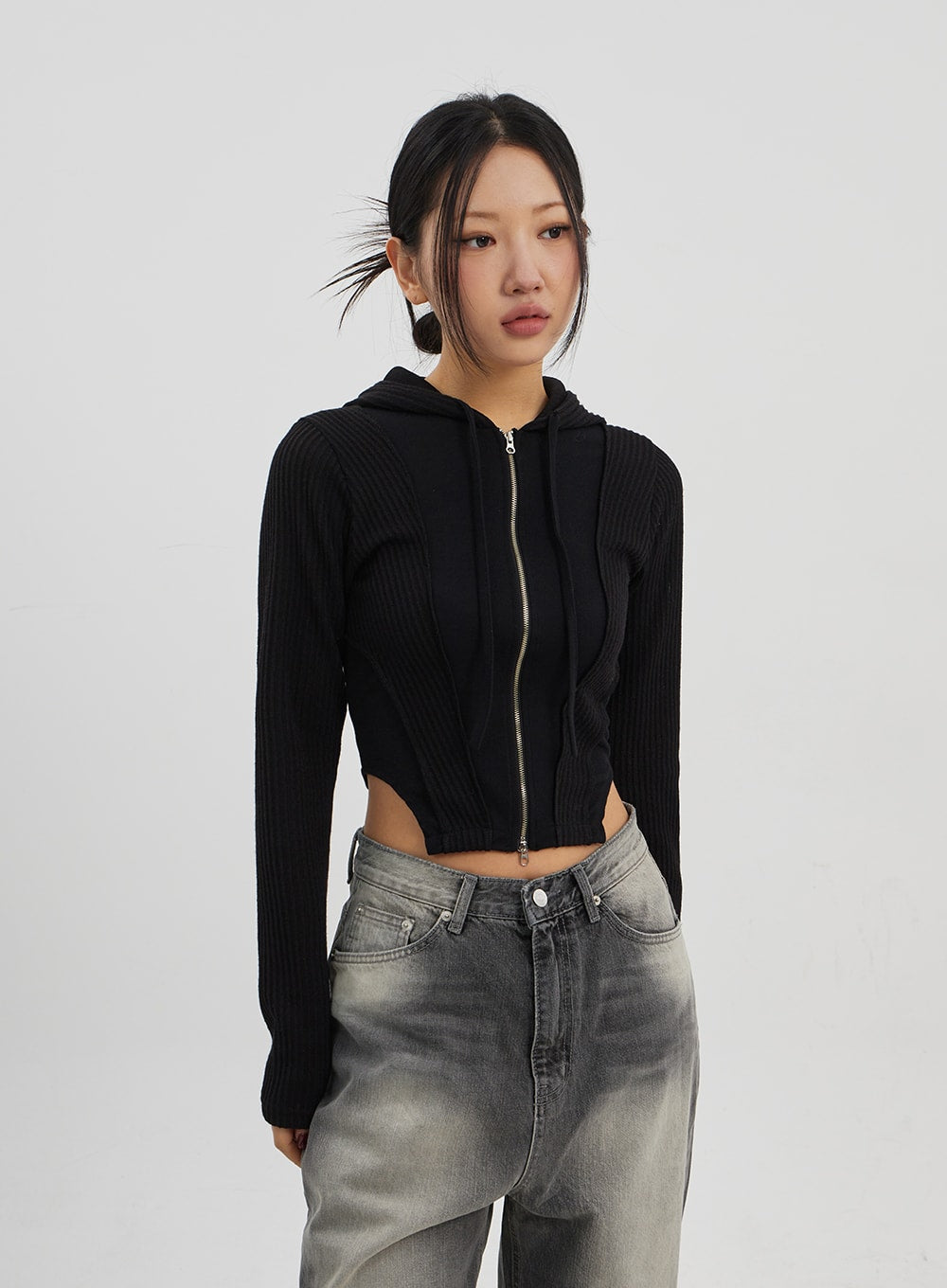 Ribbed Cropped Zip-Up Hoodie CJ330