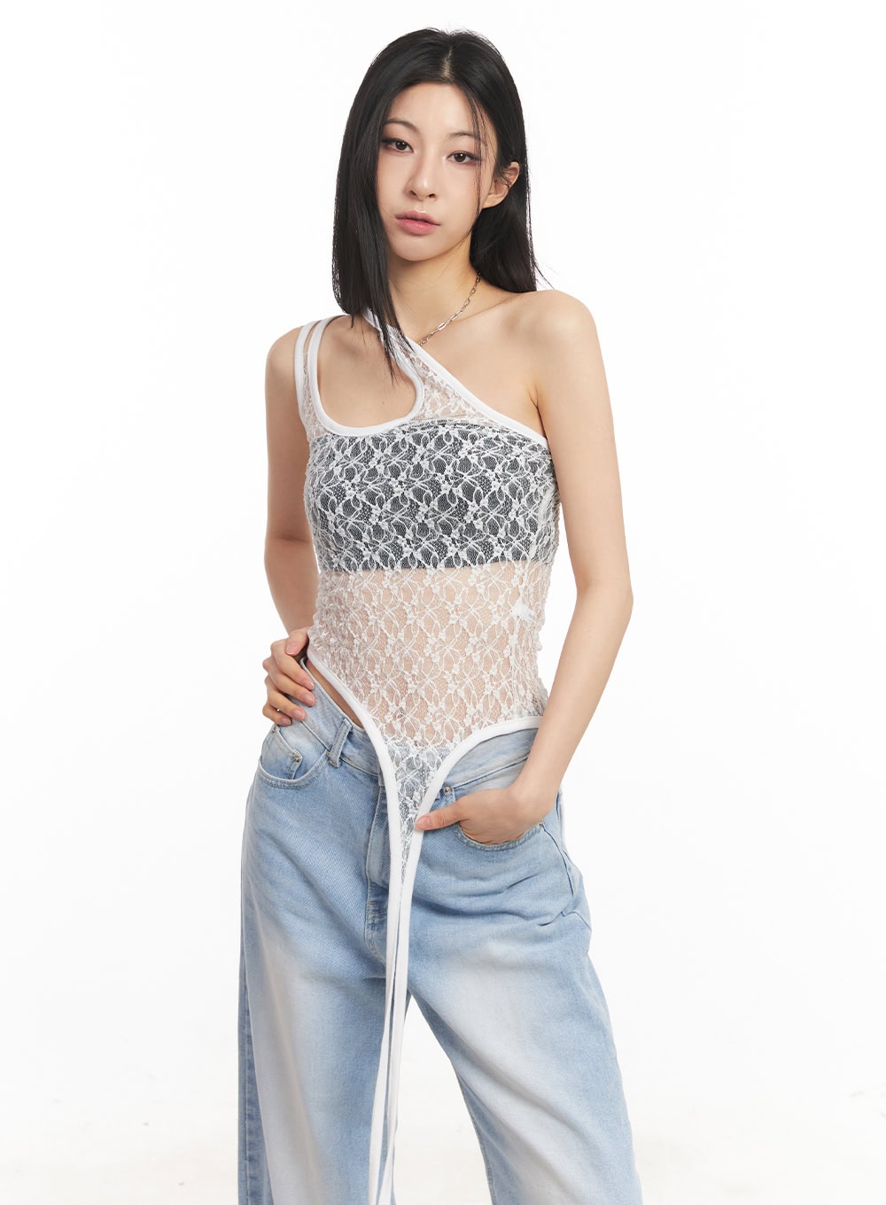 Lace Mesh Asymmetric Tank Top CA516